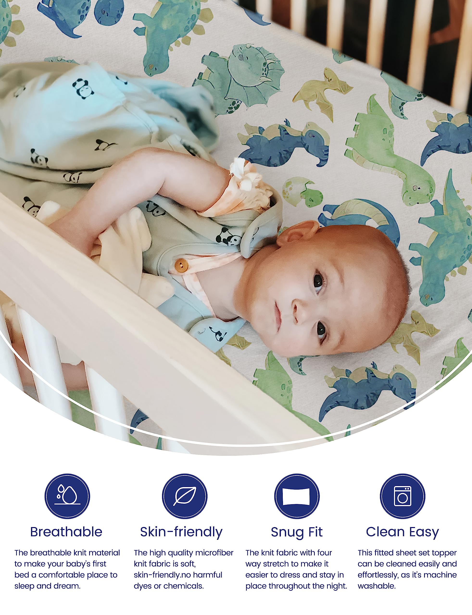 TotAha dinosaur mini crib sheet; boy design with snug Graco Pack n Play fit.