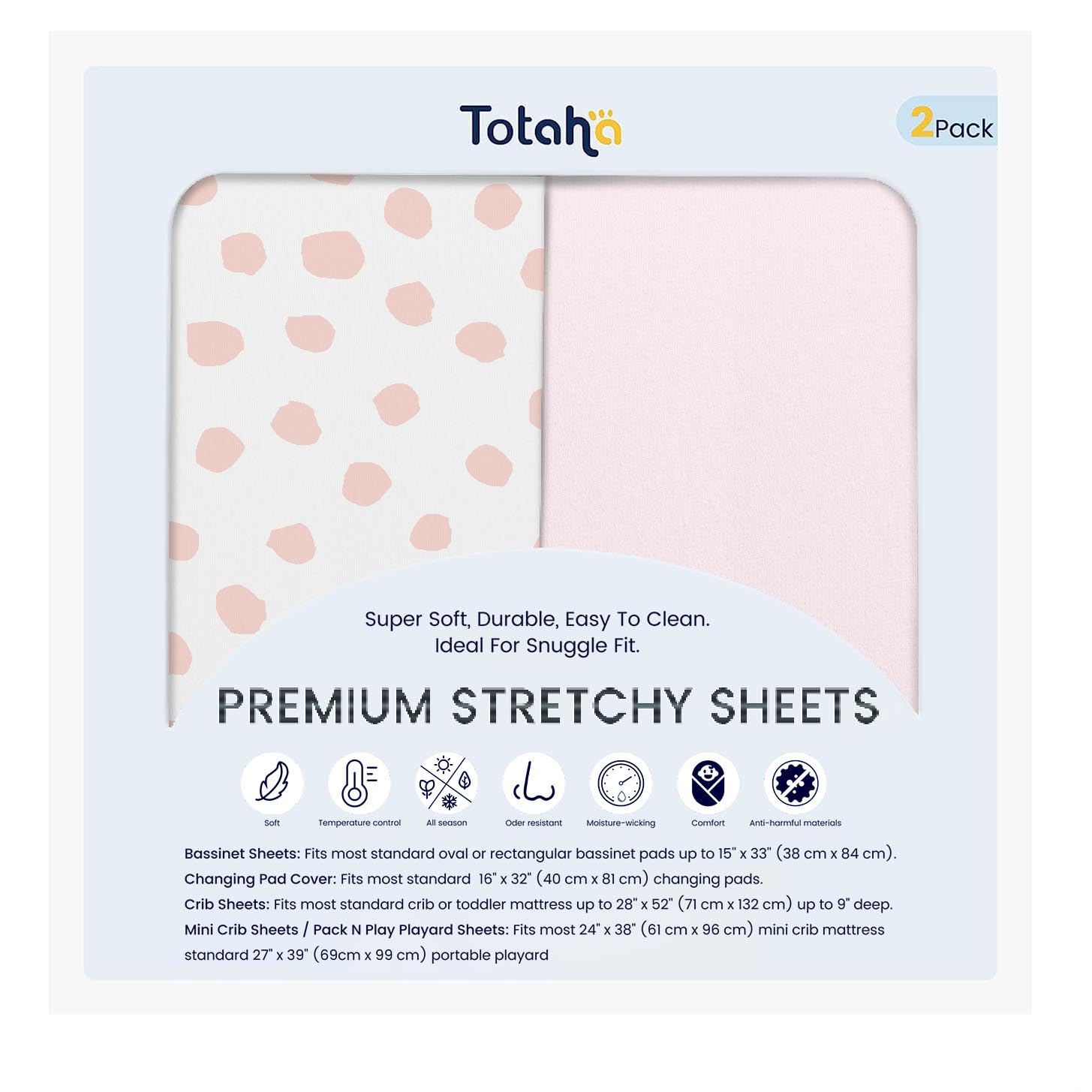 TotAha fitted sheets on a mini crib demonstrate a snug, secure two-pack set.