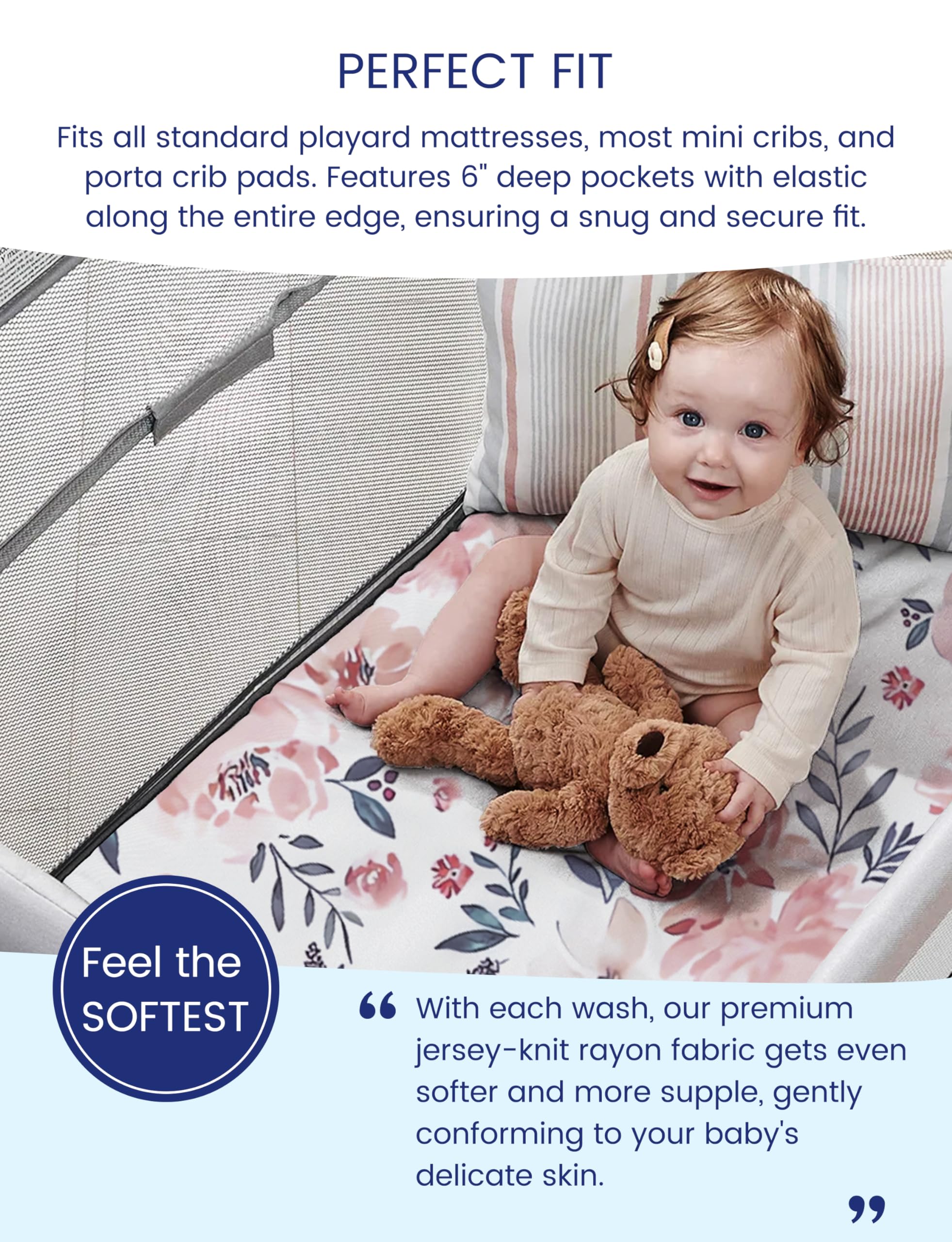 TotAha Graco Pack and Play sheets demonstrate secure, snug fit on a mini crib.