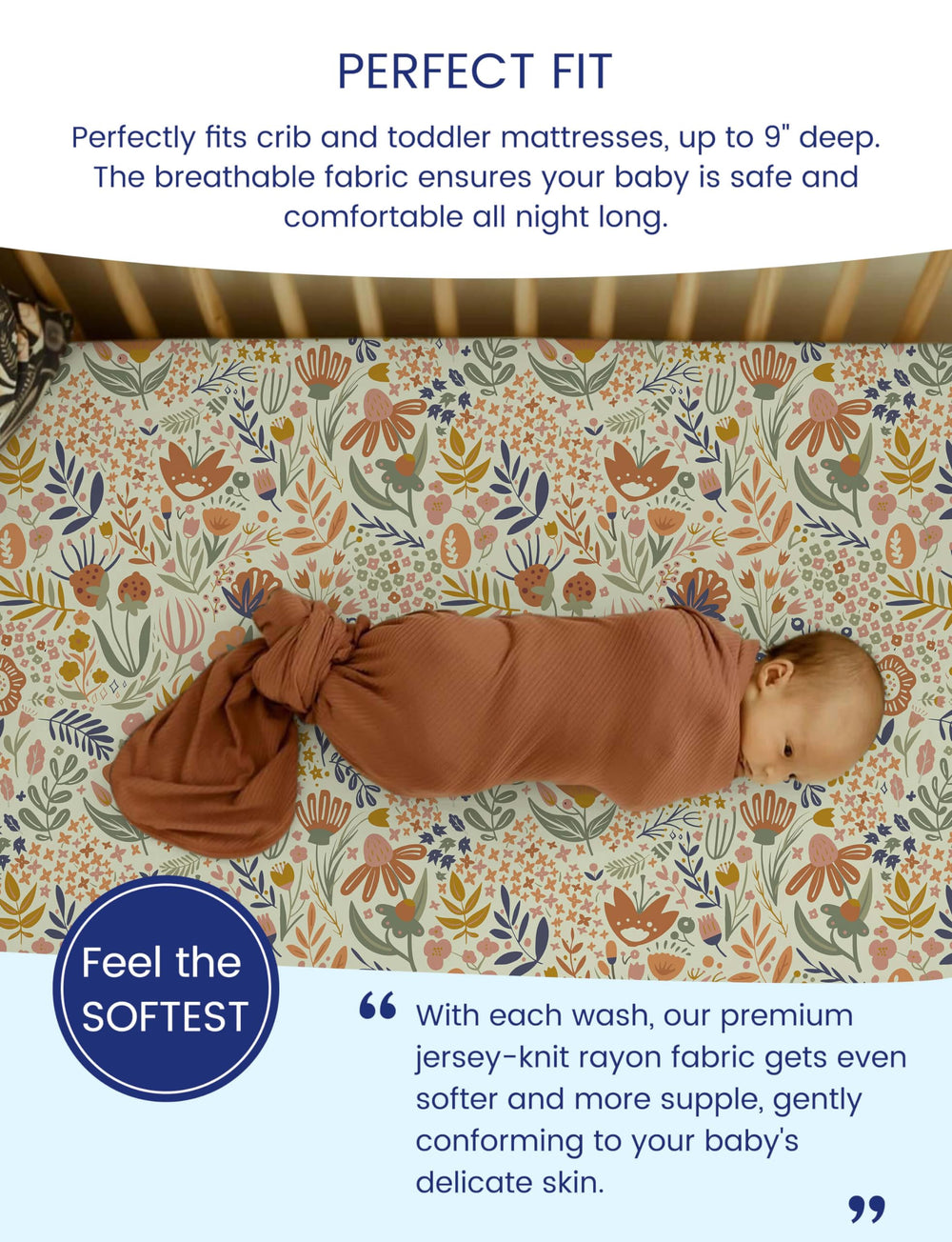 TotAha jersey-knit crib sheet stretch-fit close-up, snug coverage for any standard mattress.