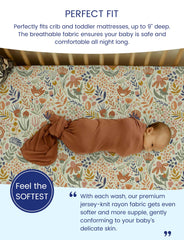 TotAha jersey-knit crib sheet stretch-fit close-up, snug coverage for any standard mattress.