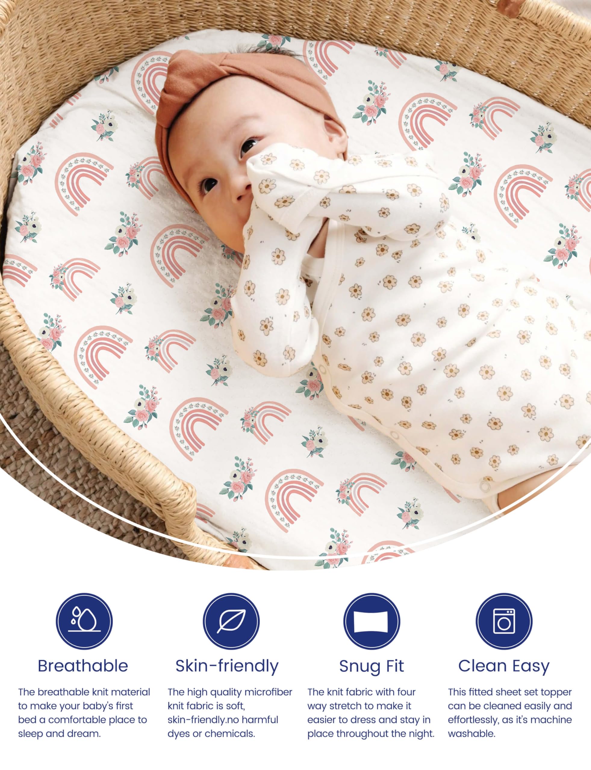 TotAha jersey-knit bassinet sheet stretchy design for a snug, secure fit.