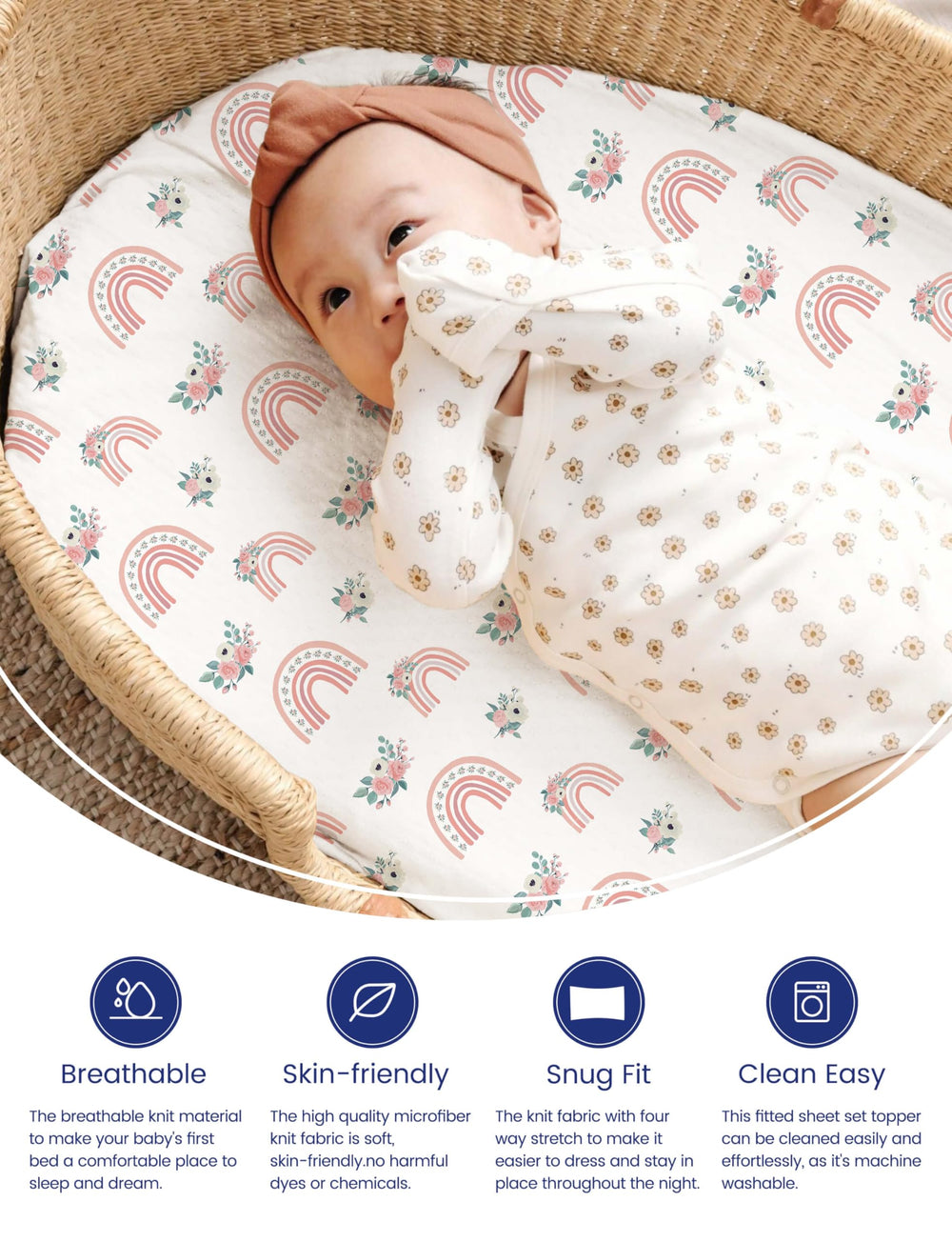 TotAha jersey-knit bassinet sheet stretchy design for a snug, secure fit.