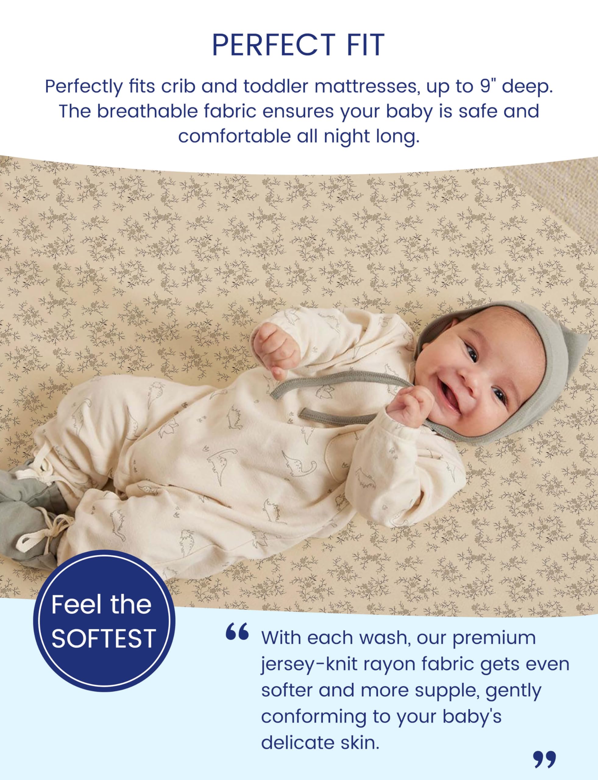 TotAha Jersey Knit Soft Fit crib sheets; breathable fabric promotes comfortable sleep.