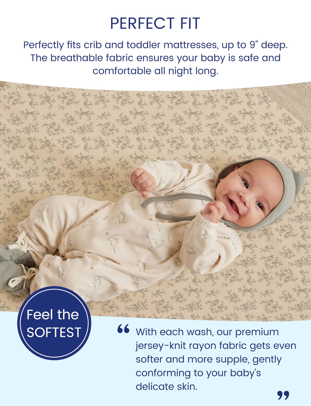 TotAha Jersey Knit Soft Fit crib sheets; breathable fabric promotes comfortable sleep.