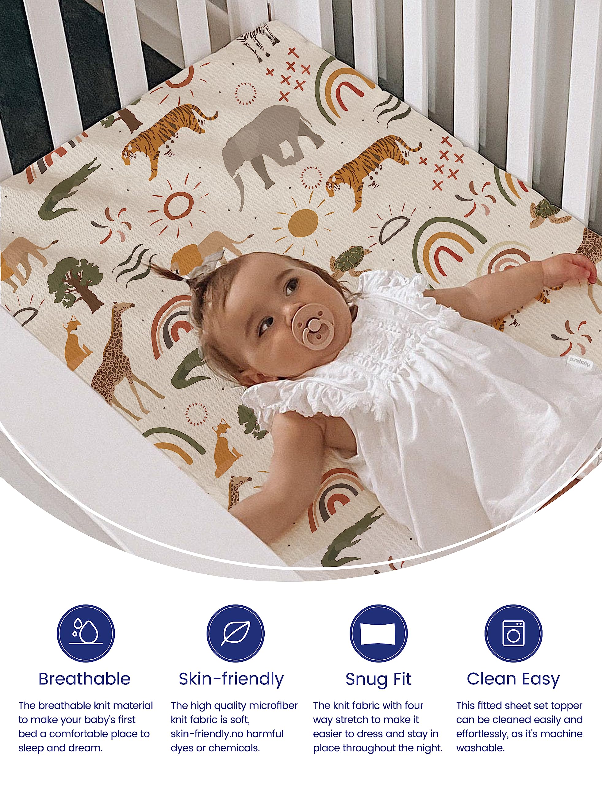 TotAha Jungle Animal mini crib sheet stretch-fit shows secure fit for portable playards