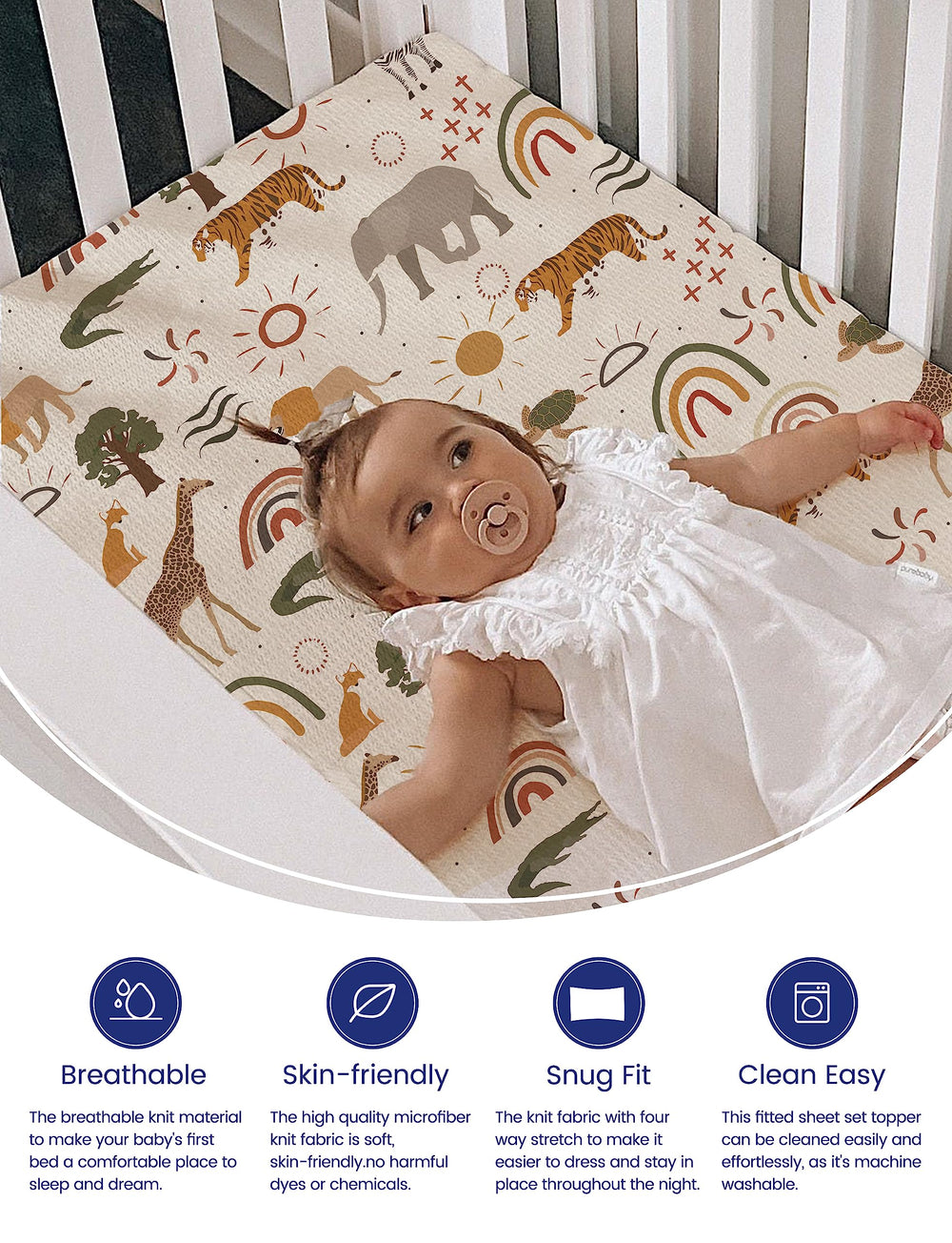 TotAha Jungle Animal mini crib sheet stretch-fit shows secure fit for portable playards