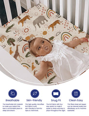 TotAha Jungle Animal mini crib sheet stretch-fit shows secure fit for portable playards