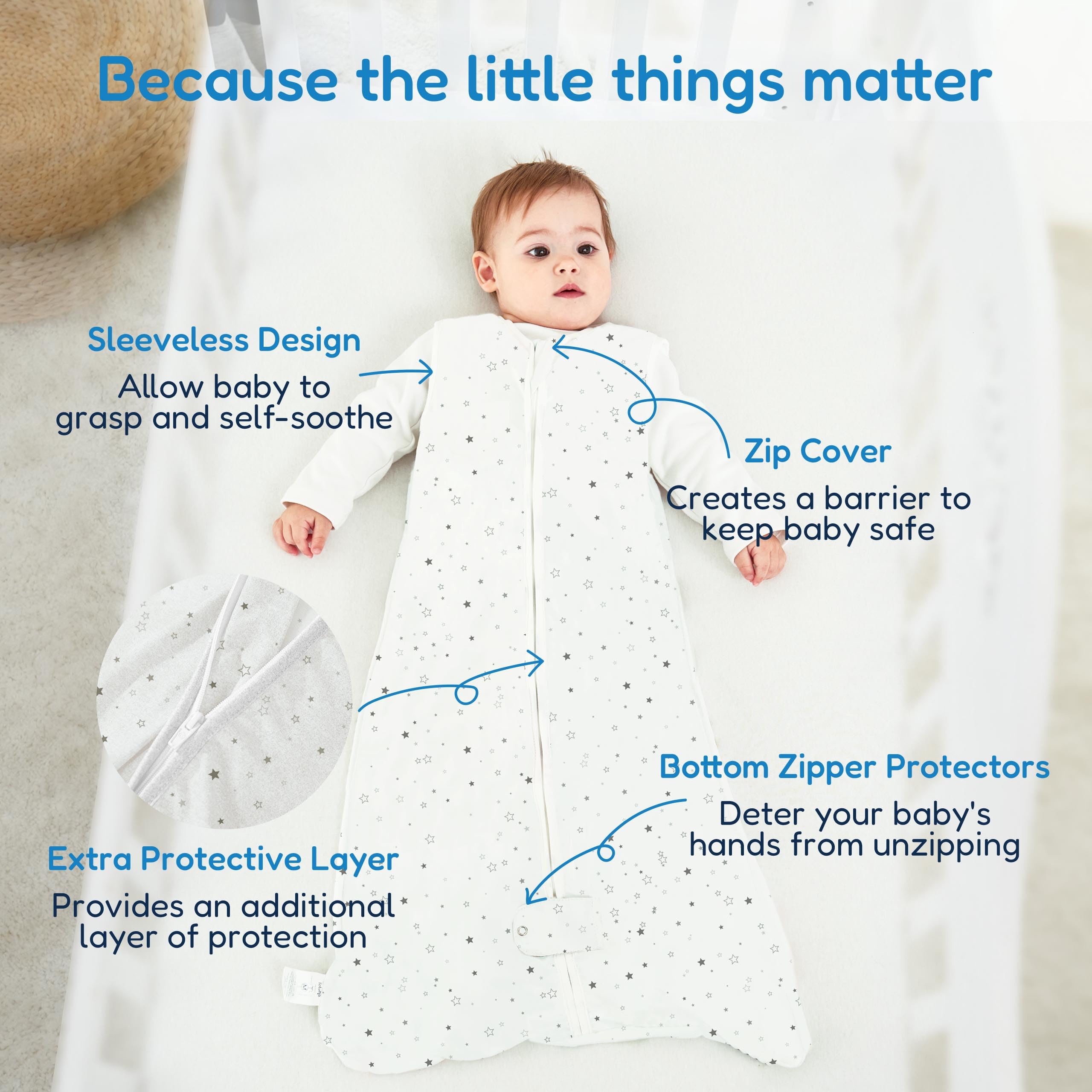TotAha Light Sleep Sack 2-way zipper with guards visible.