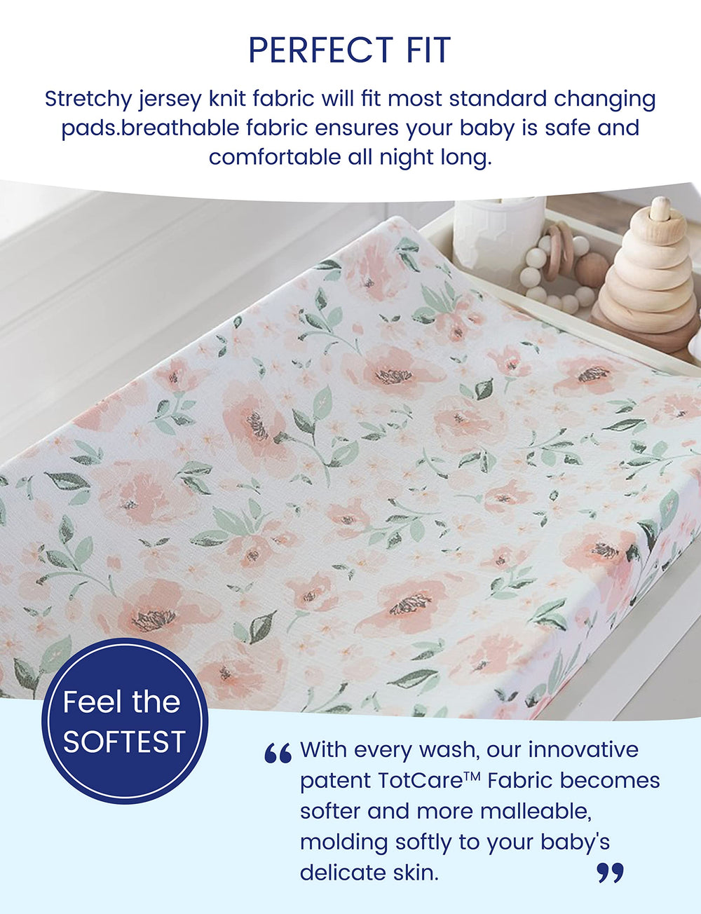 TotAha Meredith Allover Floral changing pad cover creates a gentle, cozy space for diaper changes