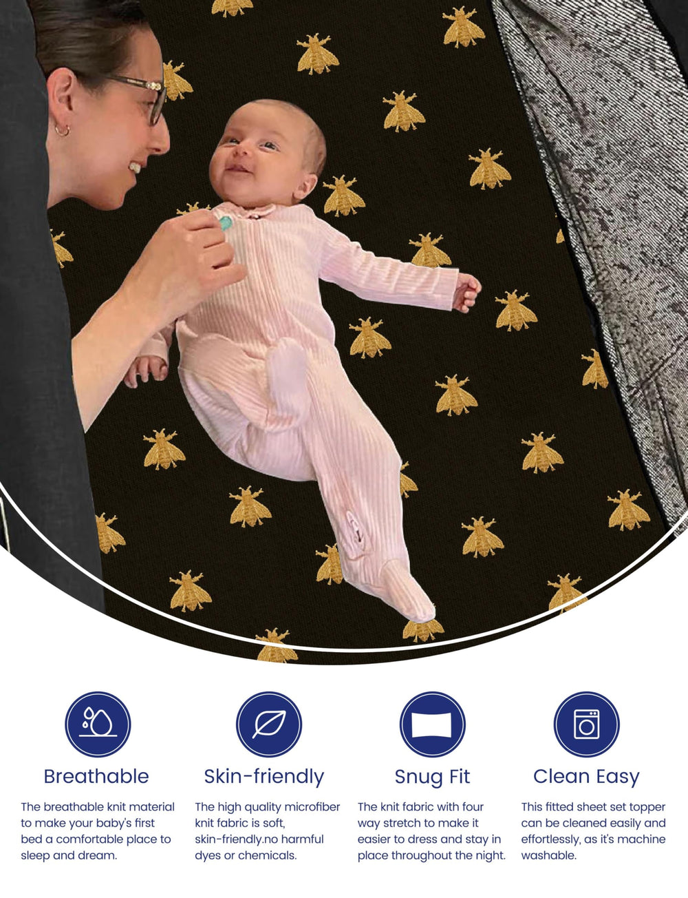 TotAha Mini Crib Sheet on mattress shows secure, snug fit for baby.