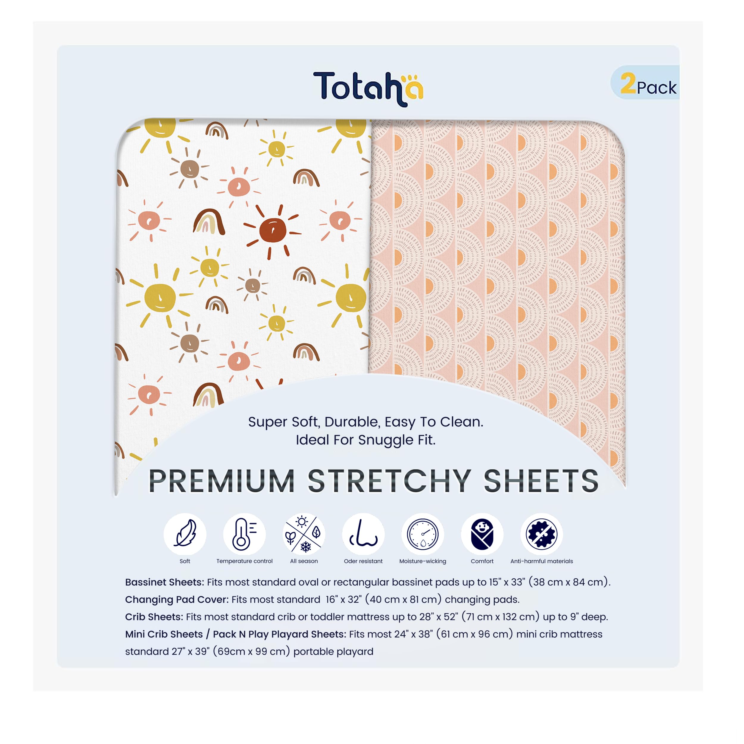 TotAha mini crib sheets boho rainbow design offer soft, breathable comfort for peaceful naps.