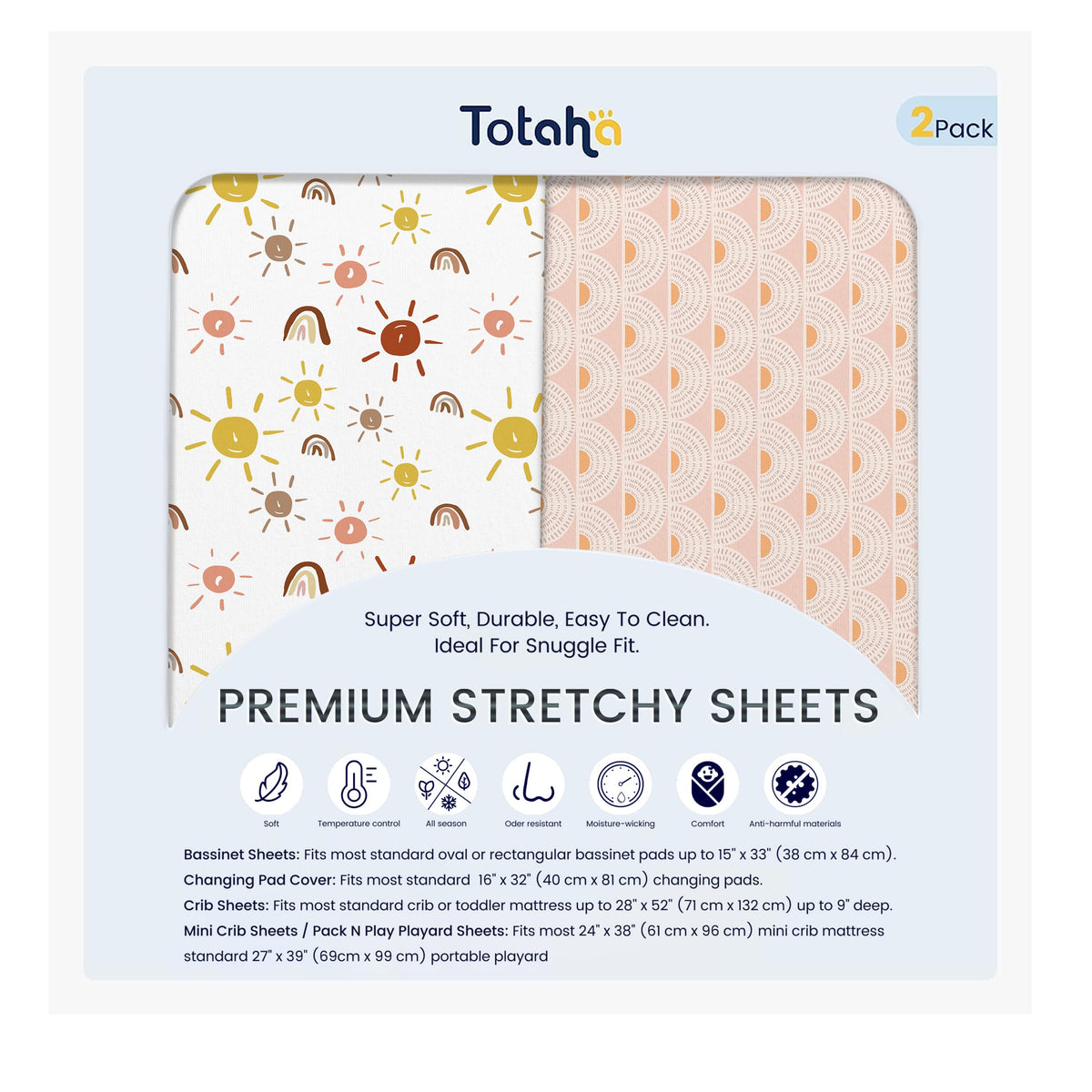 TotAha mini crib sheets boho rainbow design offer soft, breathable comfort for peaceful naps.
