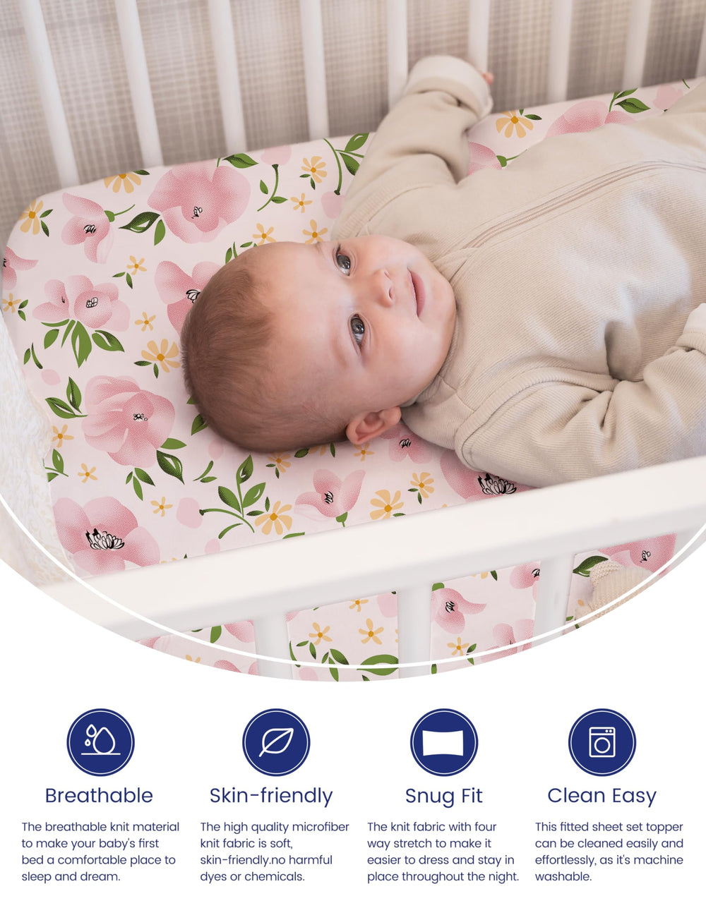 TotAha mini crib floral pattern sheets shown for a stylish nursery.