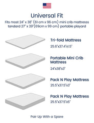 TotAha mini crib sheets neatly fit a standard 38x24 mattress for a smooth sleeping surface.