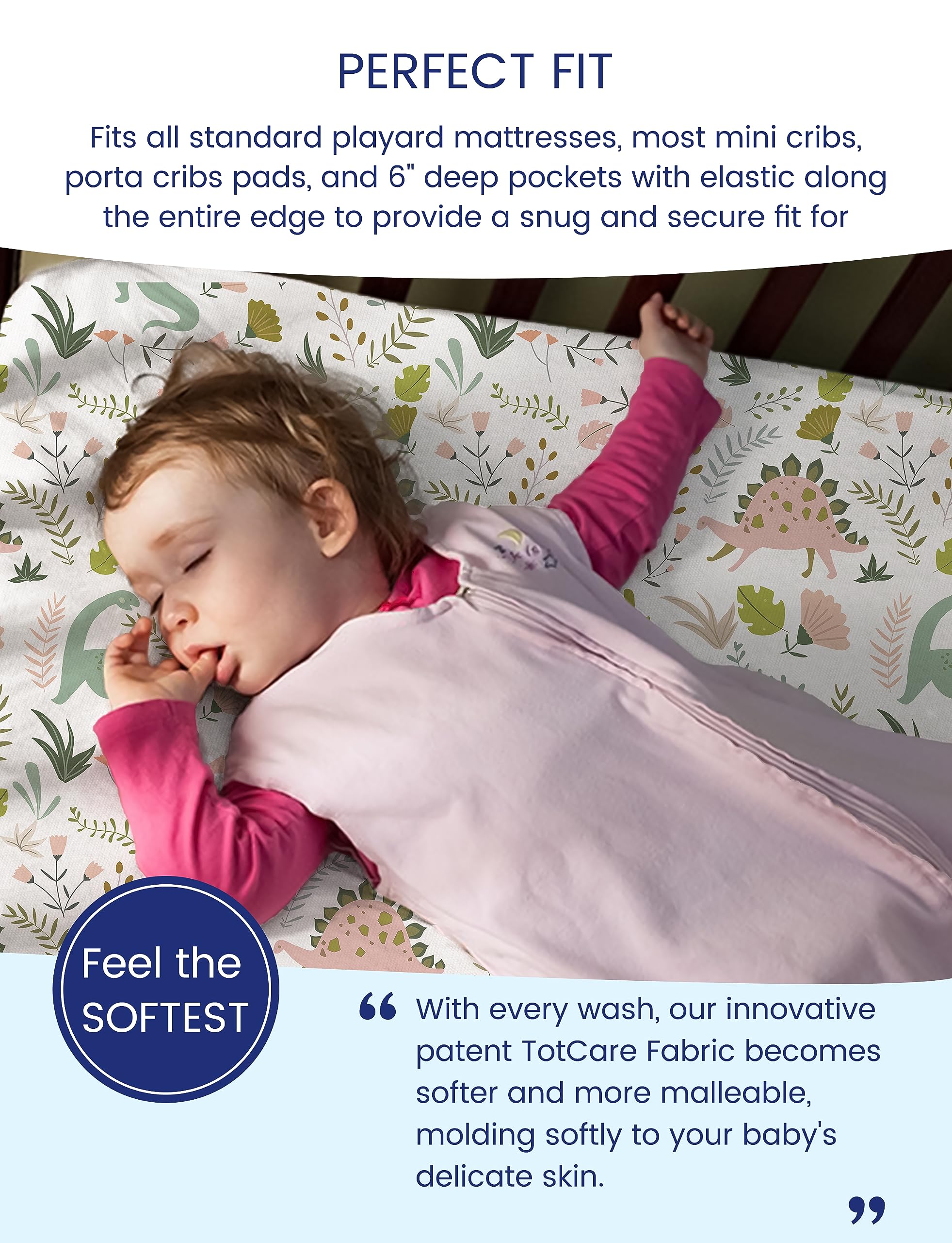 TotAha Pack n Play mattress cover; stretchy, universal fit for quick changes.
