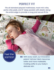 TotAha Pack n Play mattress cover; stretchy, universal fit for quick changes.