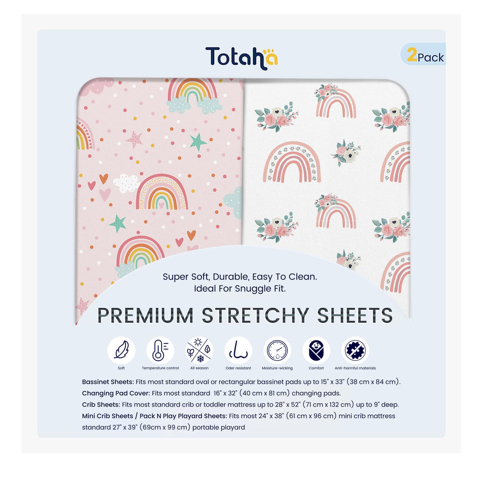 TotAha Pink Rainbow crib sheet close-up shows TotCare fabric for gentle baby sleep.
