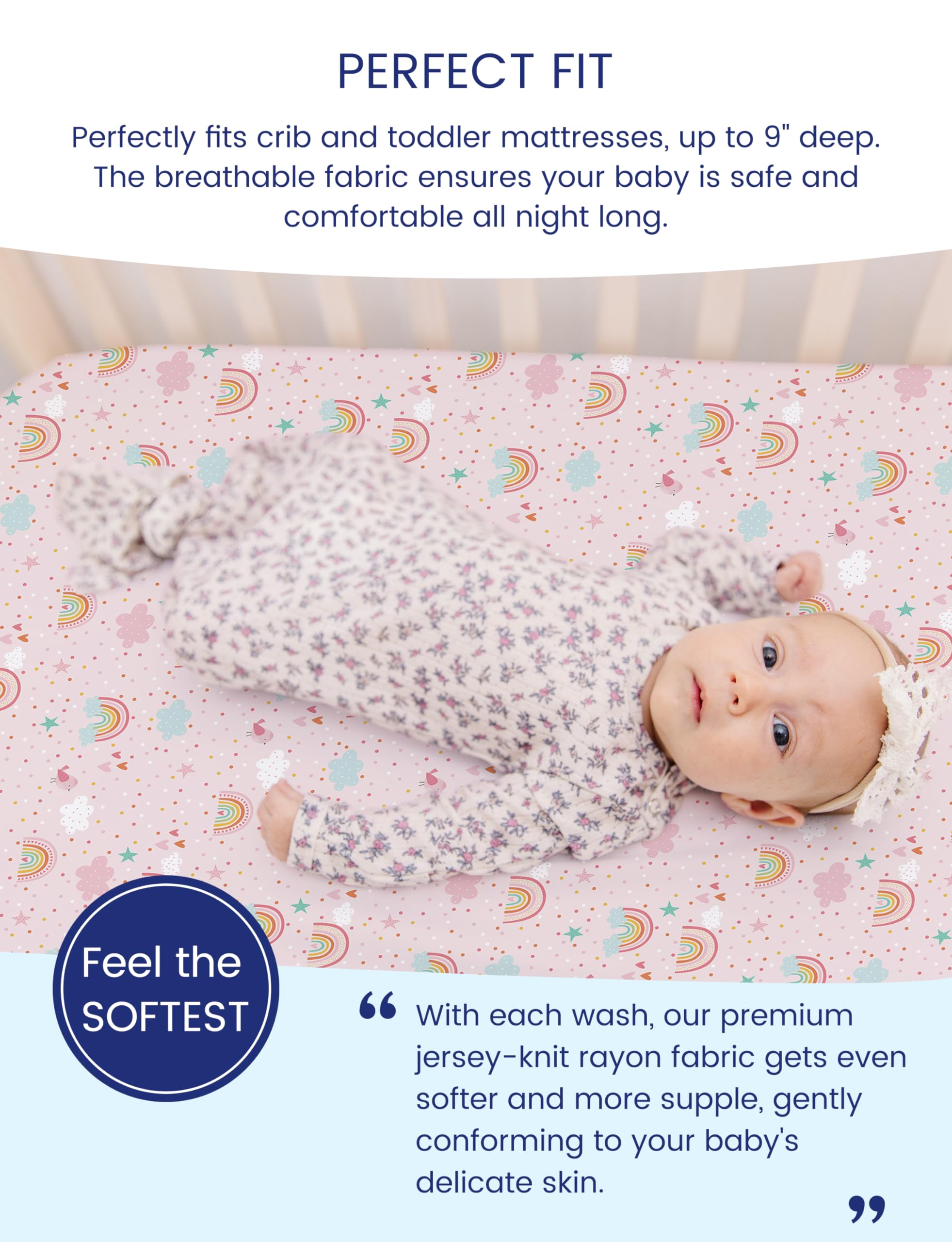 TotAha Pink Rainbow crib sheet two-pack offers all-season softness.