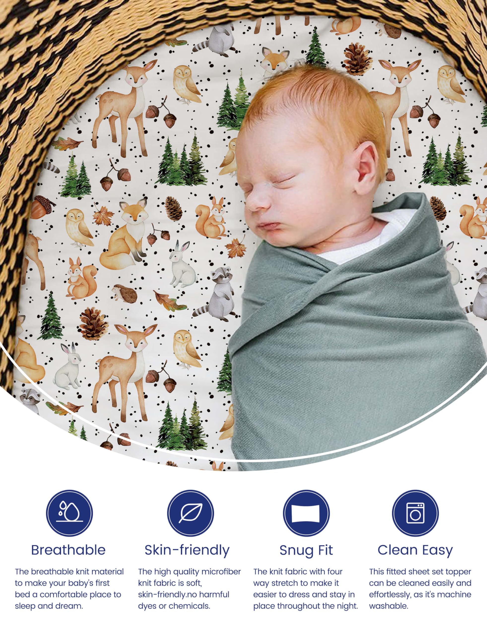 TotAha forest animals fabric closeup reveals soft, breathable TotCare weave