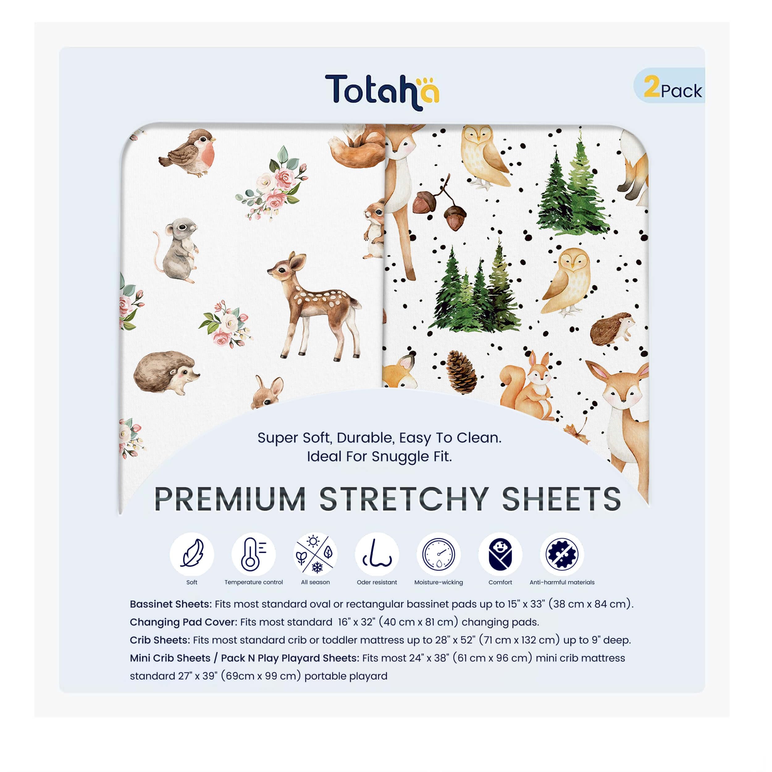 TotAha premium soft bassinet sheet forest animals hero fits standard bassinet snugly