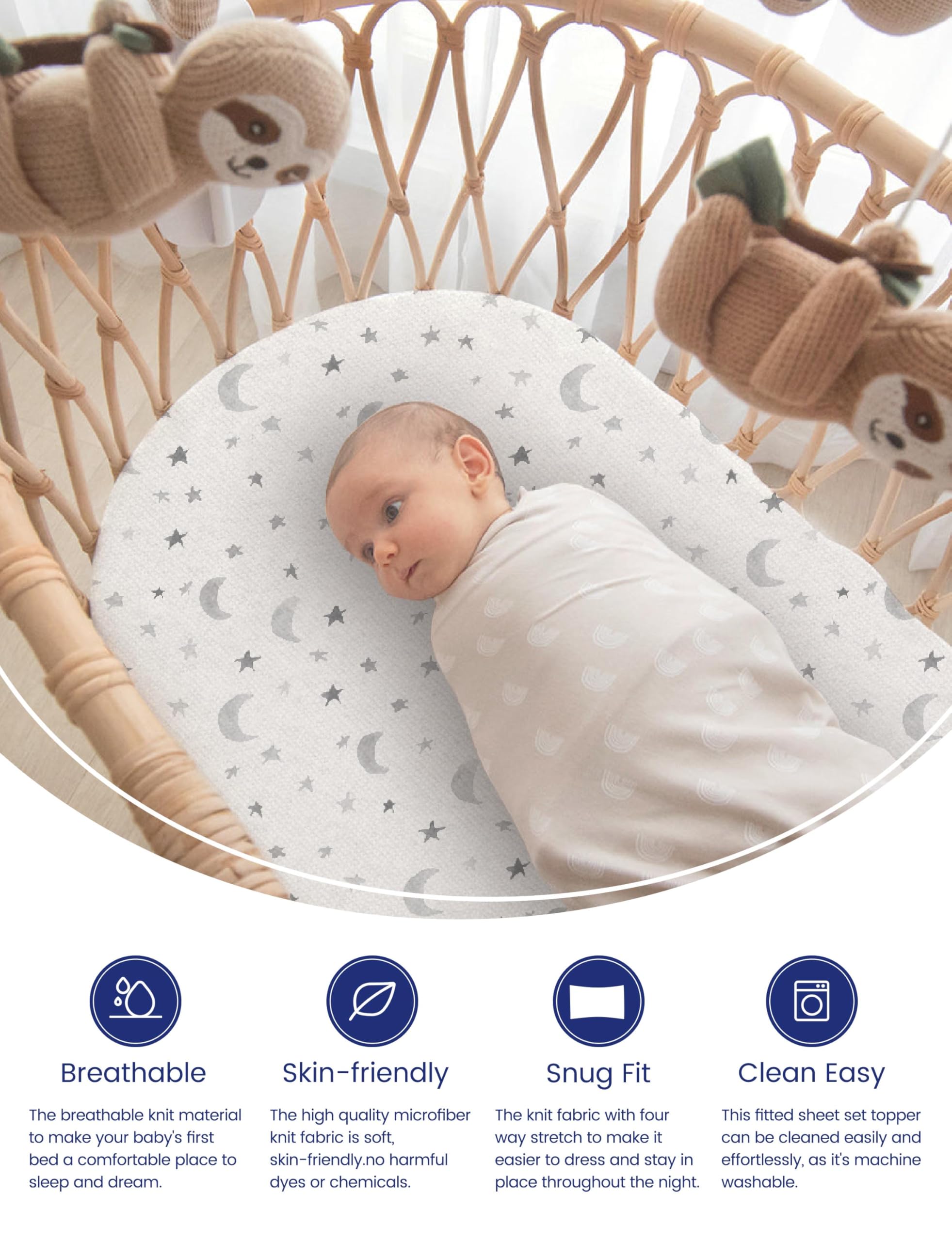 TotAha premium soft bassinet sheet Grey Sky: smooth, durable fabric for long-lasting sleep support.