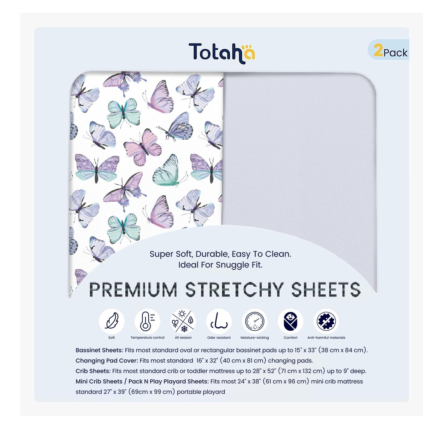 TotAha premium soft pack n play sheets folded in purple butterfly color for cozy baby sleep