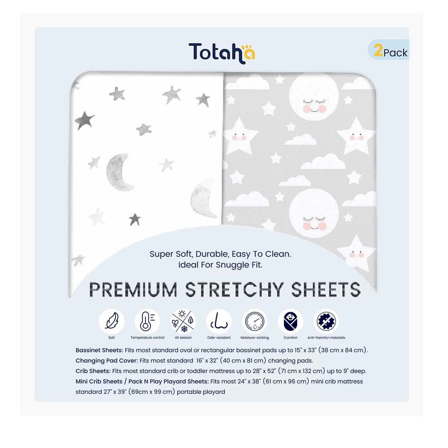 TotAha premium soft pack n play sheets on a moon grey sky mini crib for breathable sleep