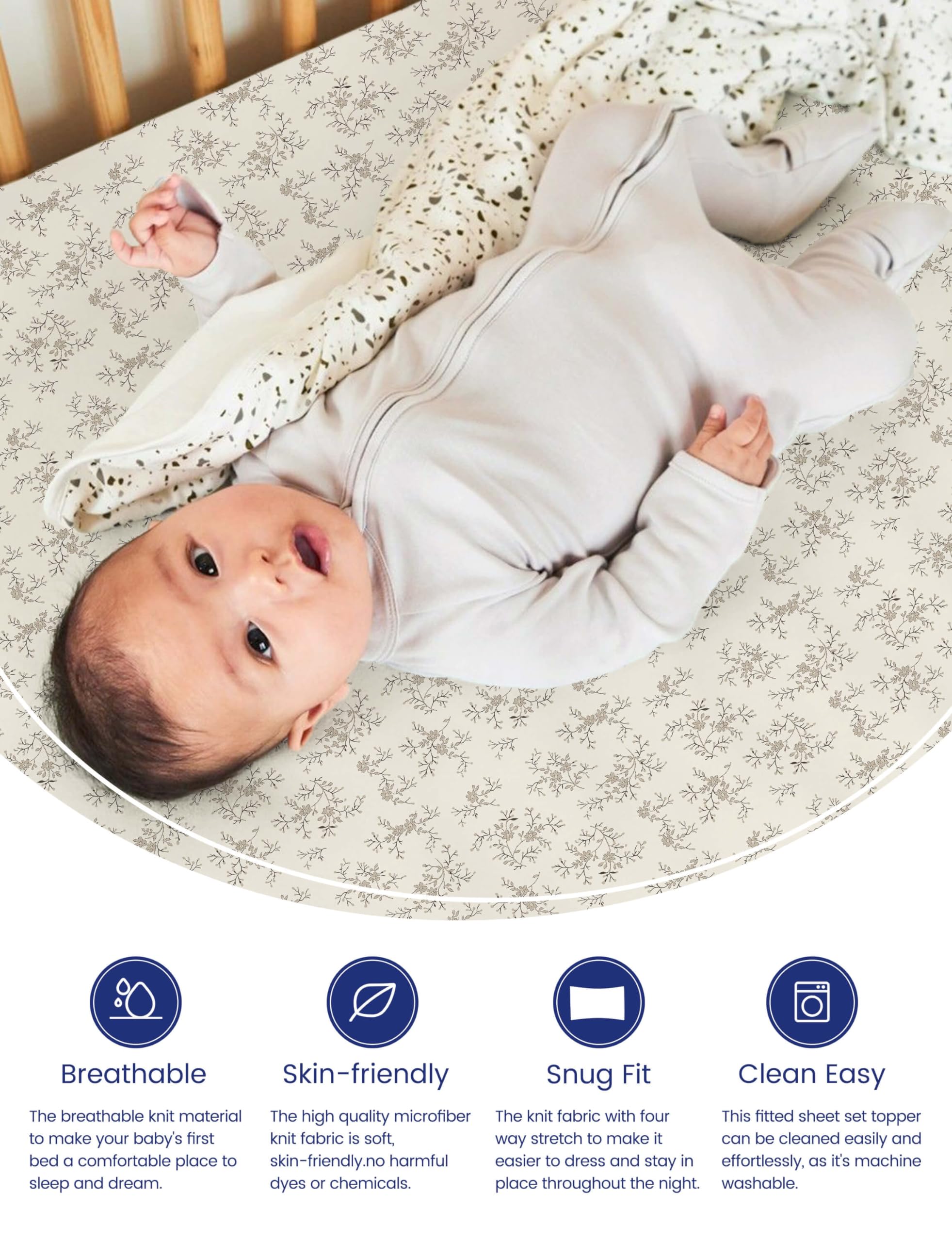 TotAha mini crib sheets showing the Vintage Rose pattern with Brunch detail, breathable TotCare fabric