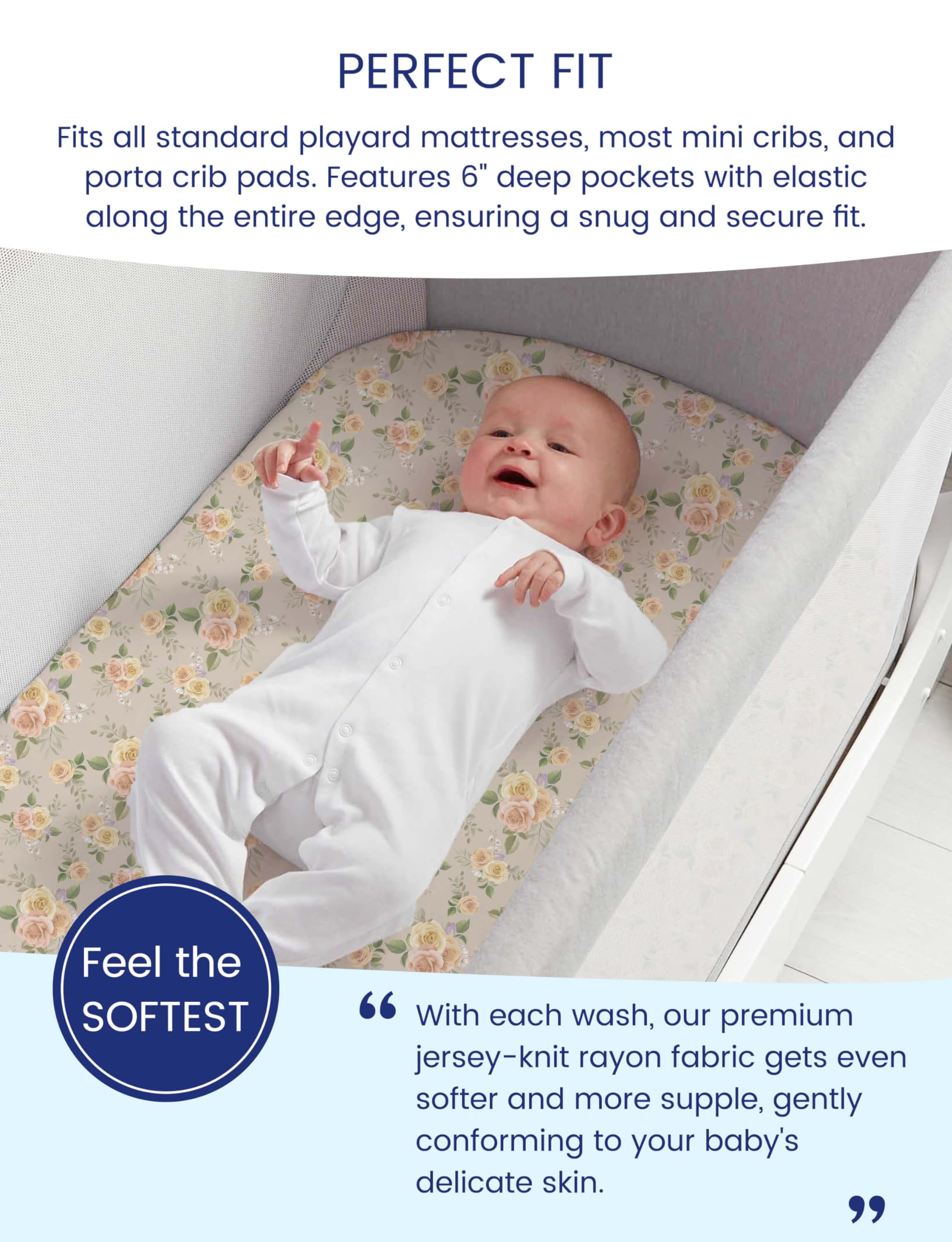 Mini crib sheet set from TotAha with Vintage Rose print, durable and snug-fitting