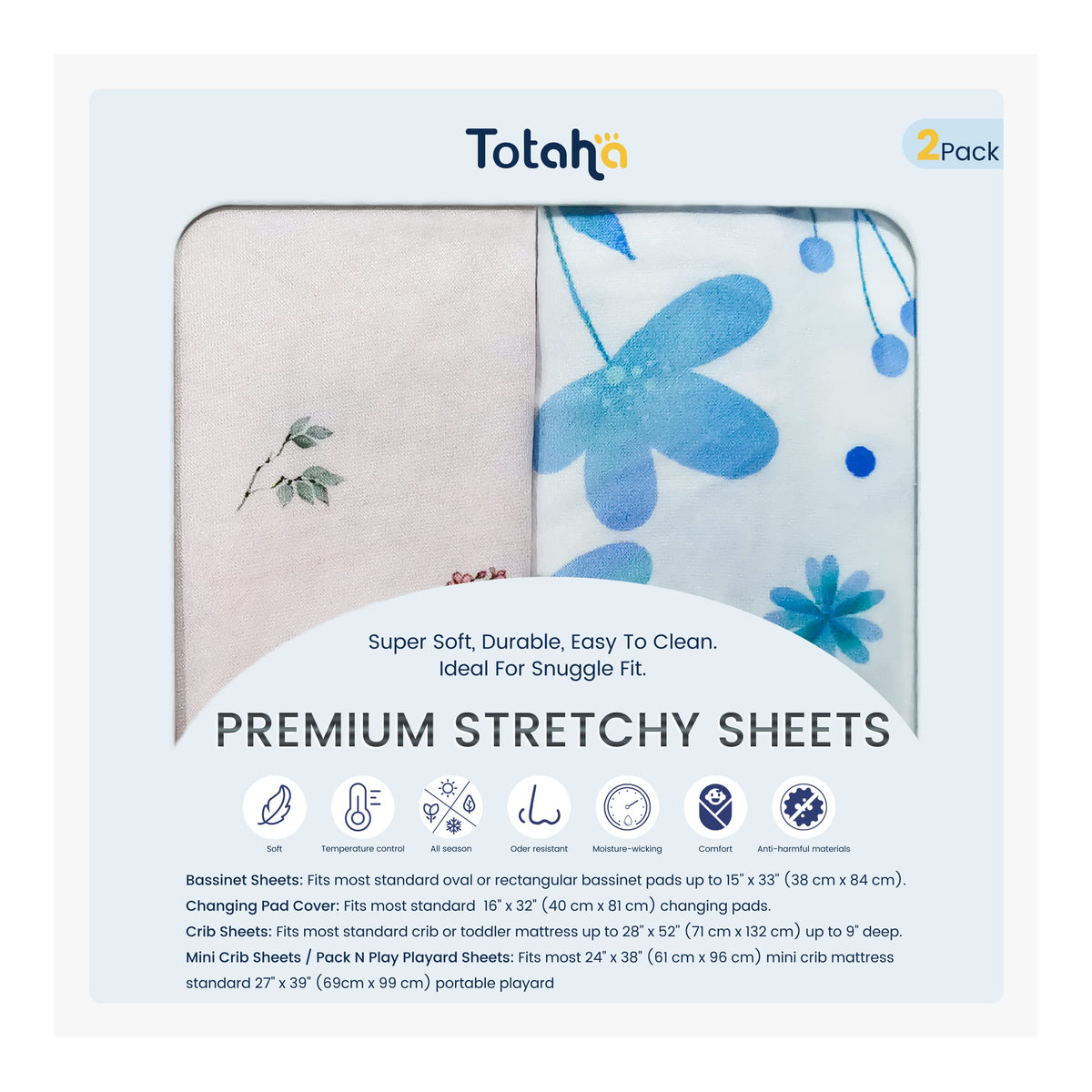 TotAha blue flower crib sheet close-up showing soft, breathable surface