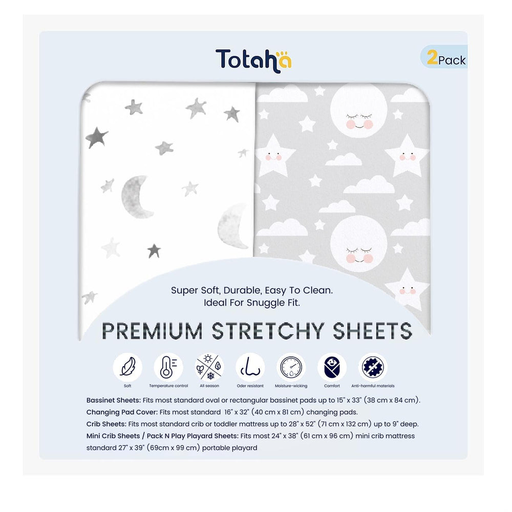 TotAha premium stretchy crib sheets in moon grey for a snug, comfy crib.
