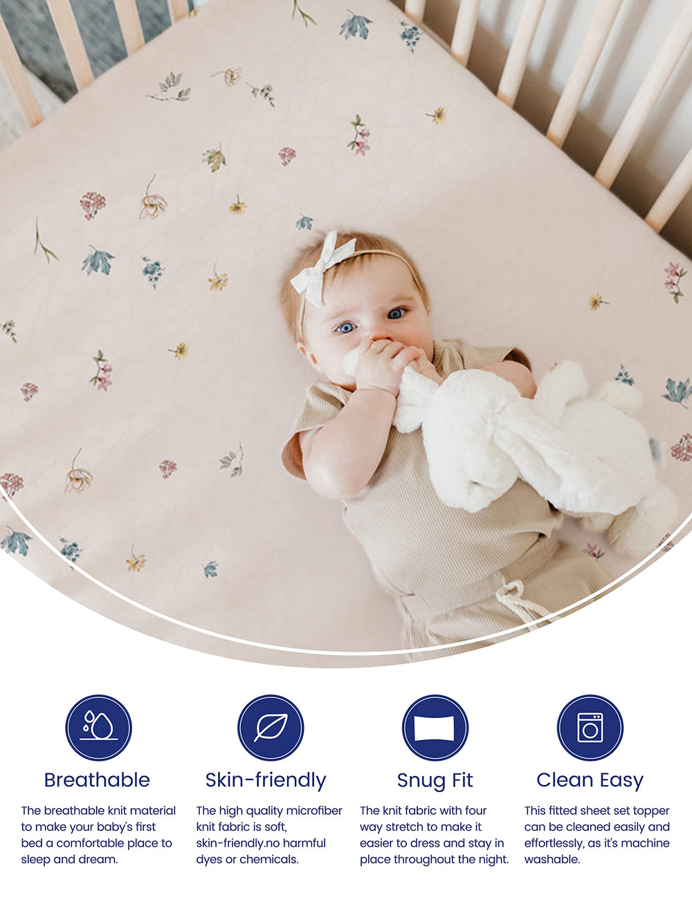 TotAha small floral crib sheet close-up highlighting stretchy fit