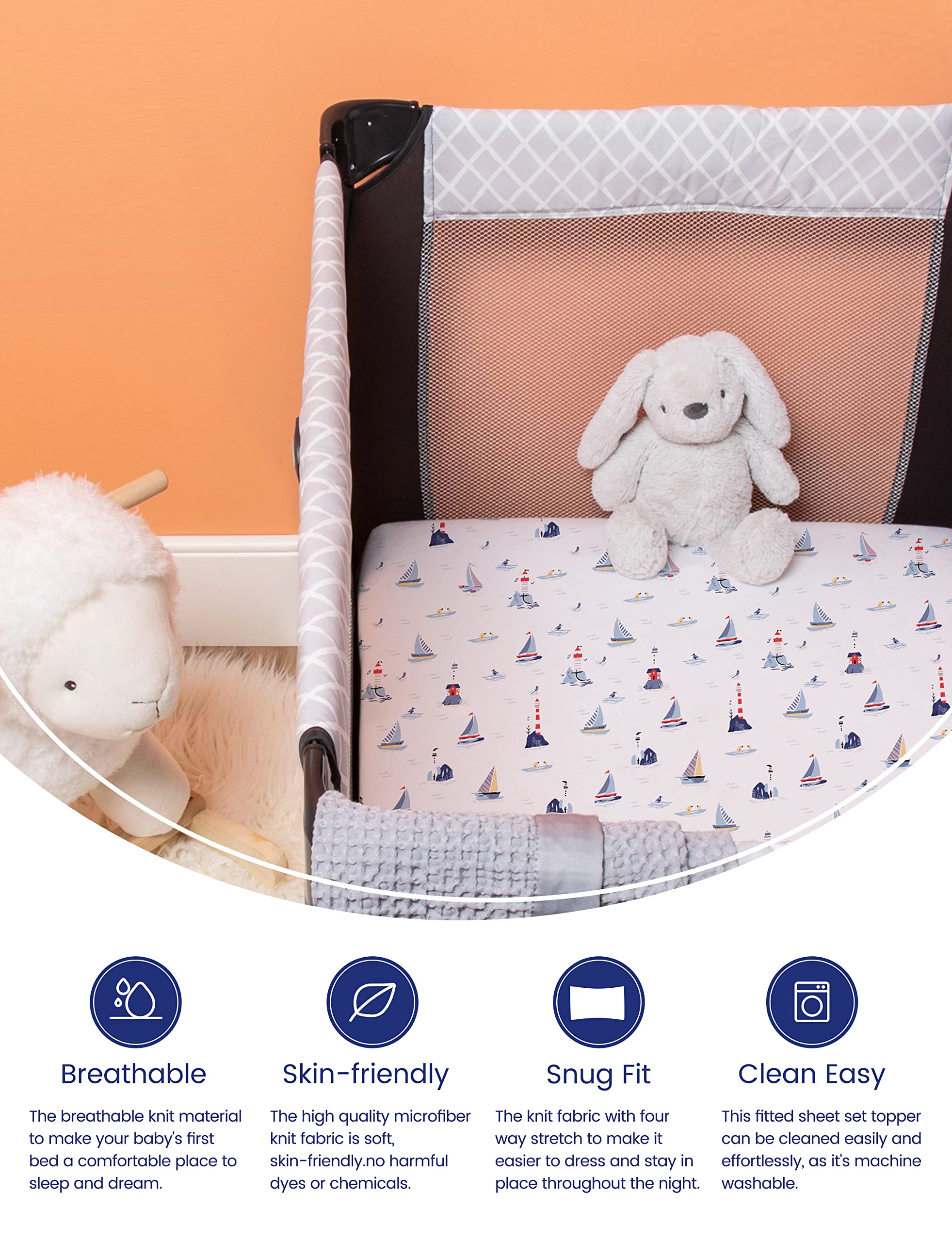 TotAha Sailboat design sheets provide cozy comfort for overnight rest.