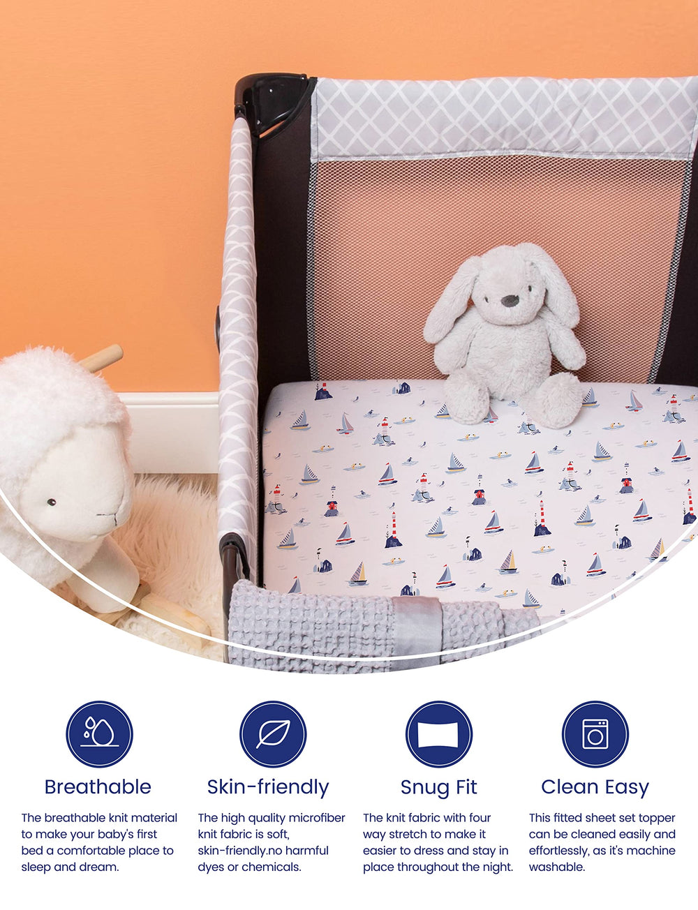 TotAha Sailboat design sheets provide cozy comfort for overnight rest.