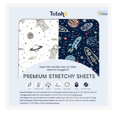 TotAha Premium Stretchy Space Crib Sheets close-up on TotCare fabric showing silky softness