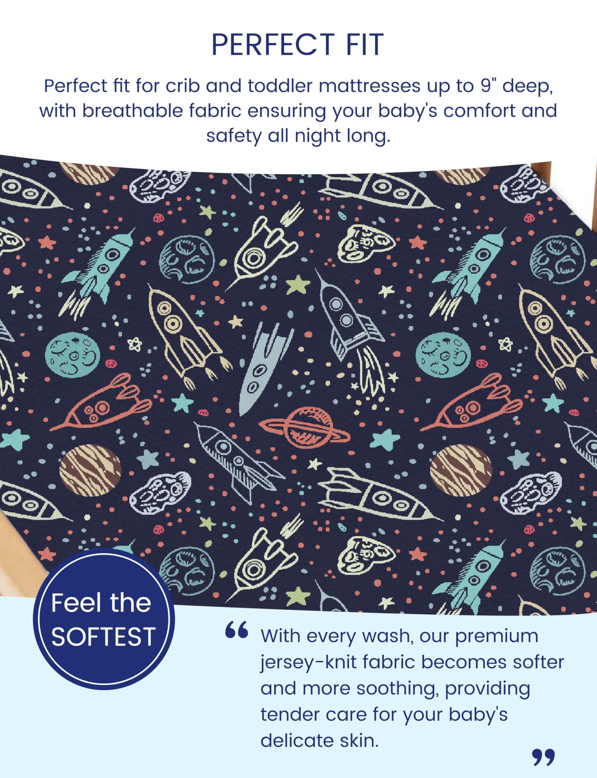TotAha crib sheets with 9-inch deep pockets securing a crib mattress