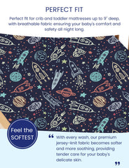 TotAha crib sheets with 9-inch deep pockets securing a crib mattress
