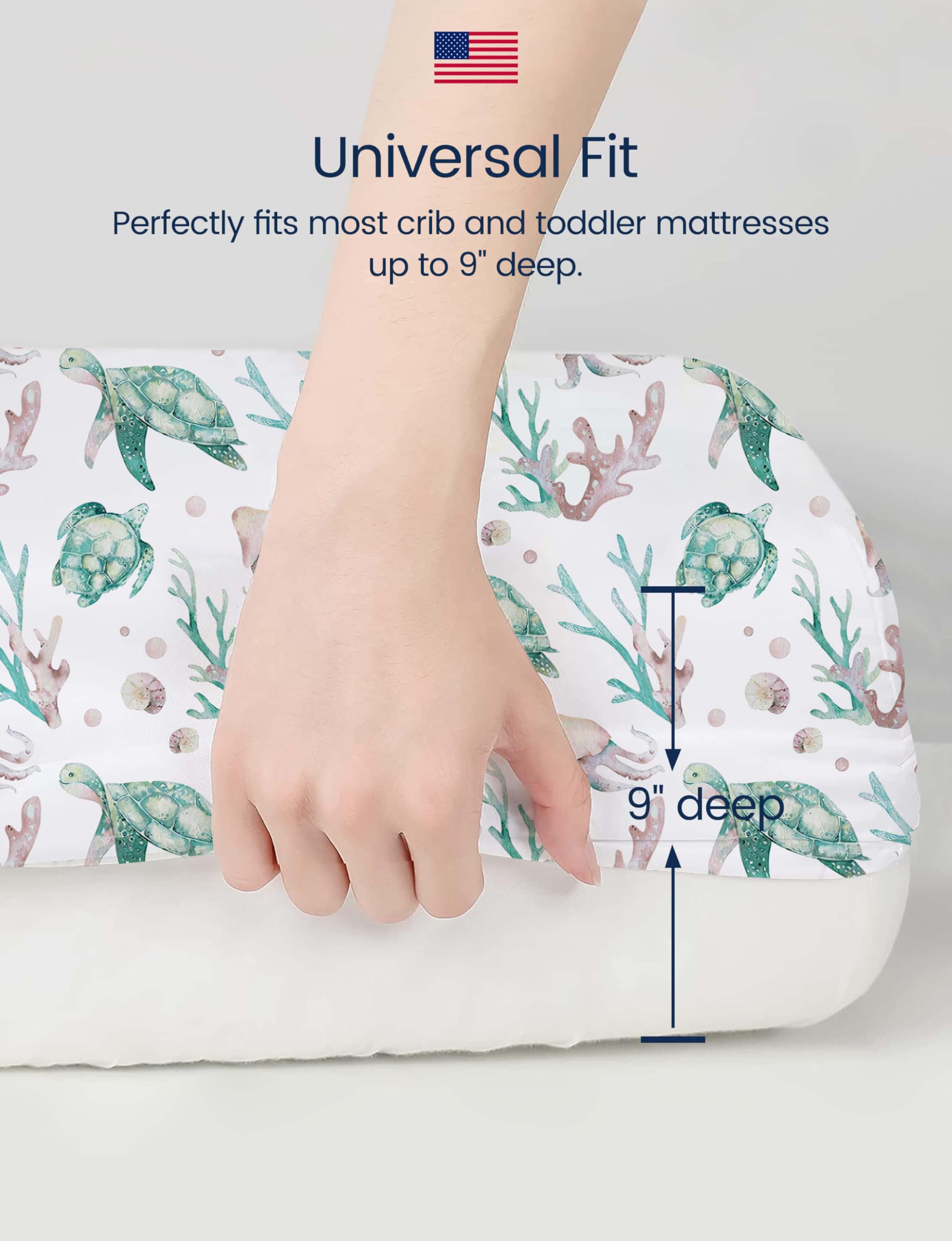 TotAha Sea Animal two-pack crib sheet ensures easy rotation and freshness.
