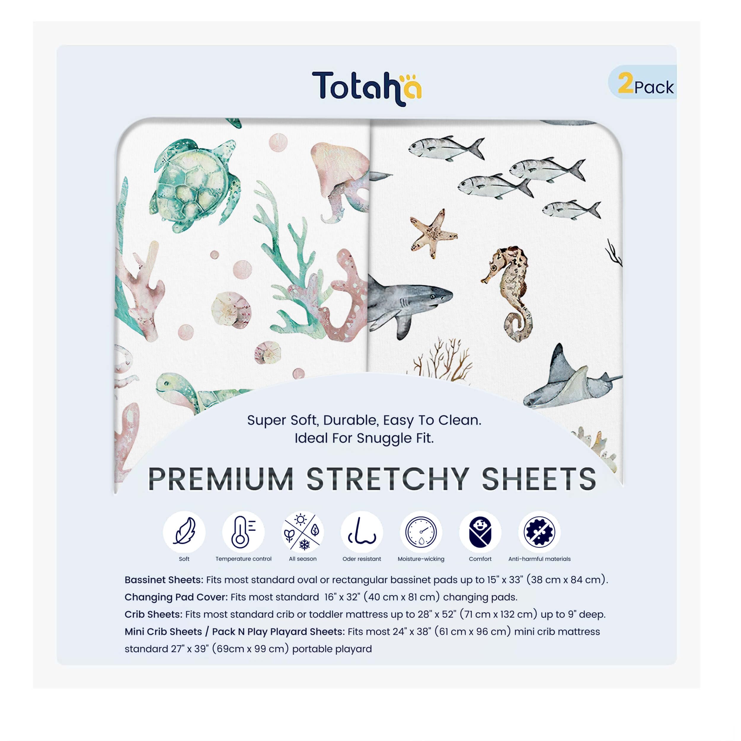 TotAha Sea Animal crib sheet folded, showing soft knit fabric for gentle nights.