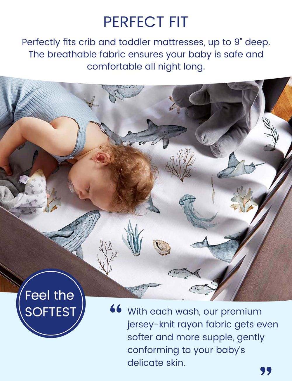 TotAha Sea Animal crib sheet on a mattress with stretch seams for secure fit.