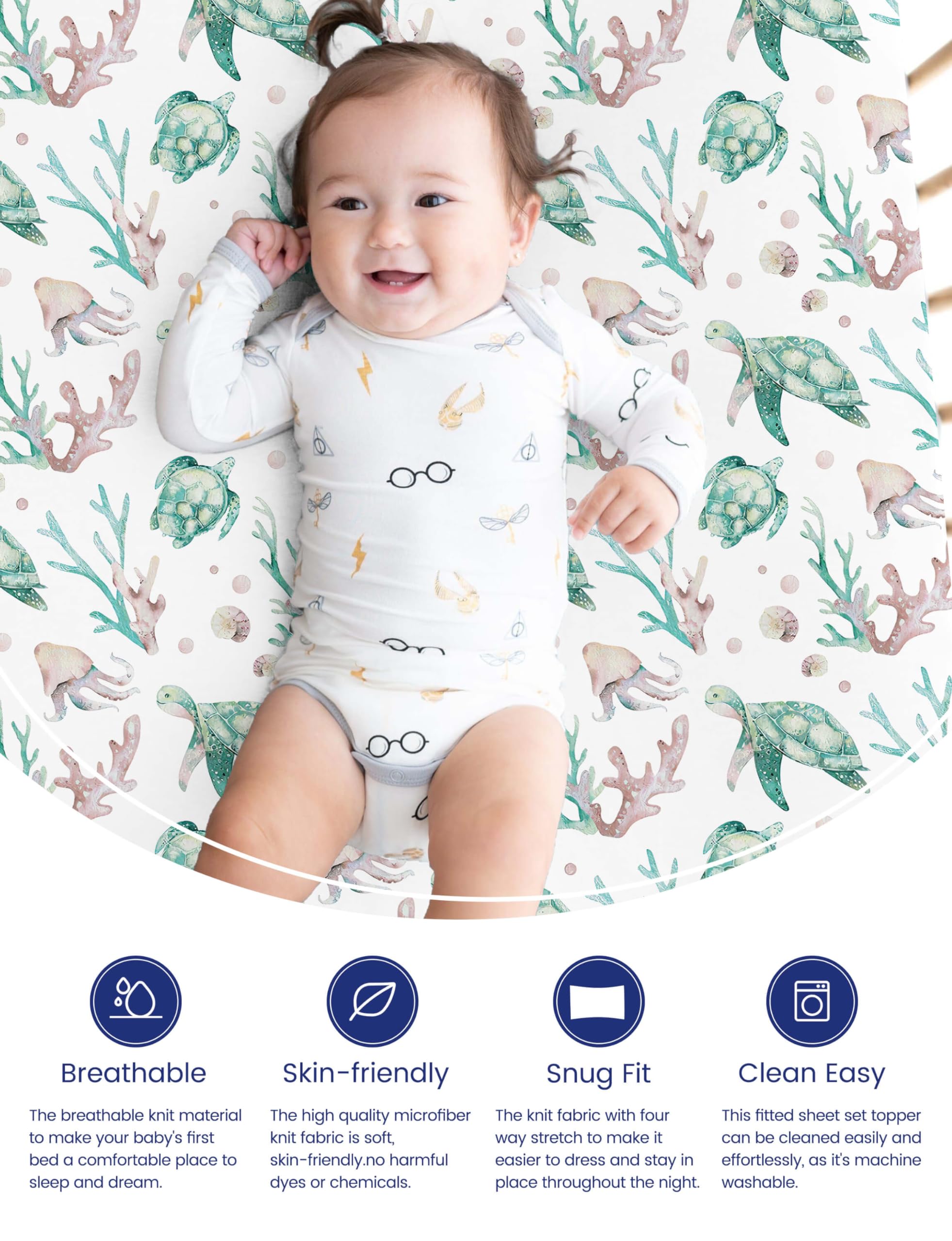 TotAha Sea Animal crib sheet soft-knit fabric highlights breathable comfort for warm nights.