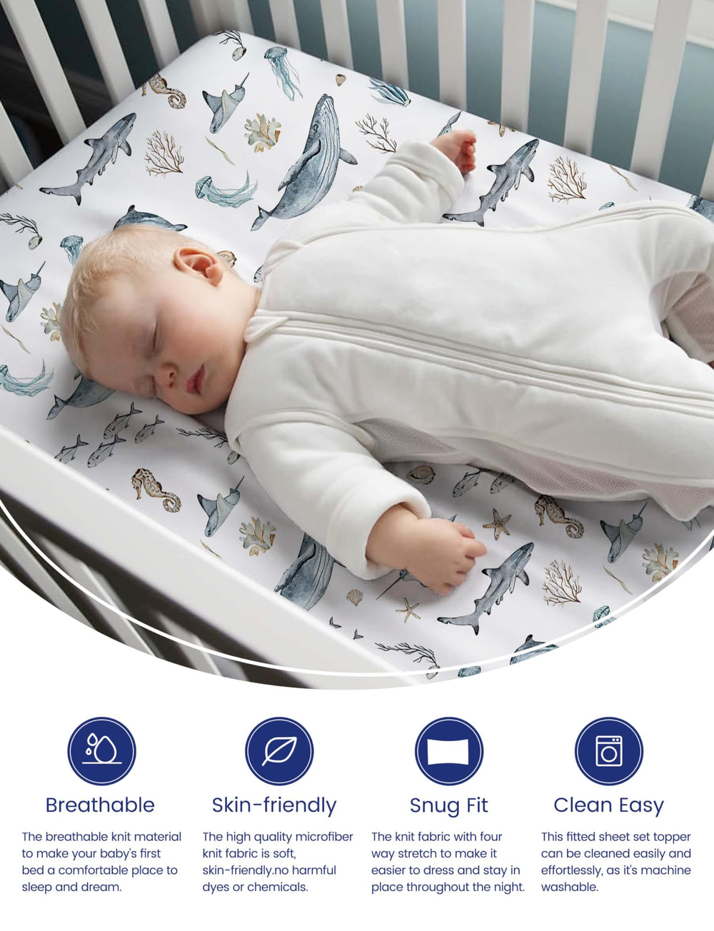 TotAha Sea Animal mini crib sheet closeup of soft stretchy fabric