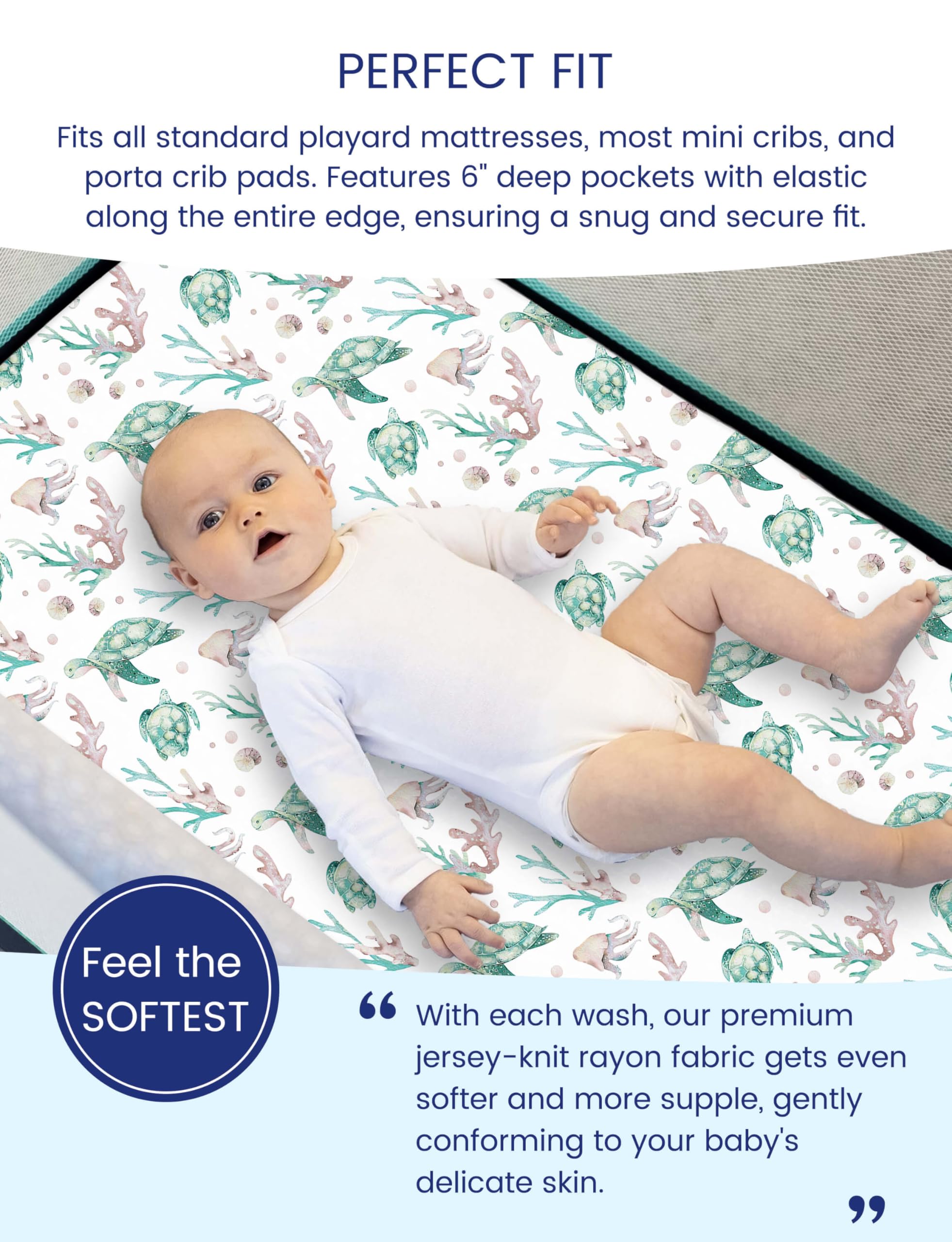 TotAha Sea Animal mini crib sheet on a mattress demonstrating cool, comfortable surface
