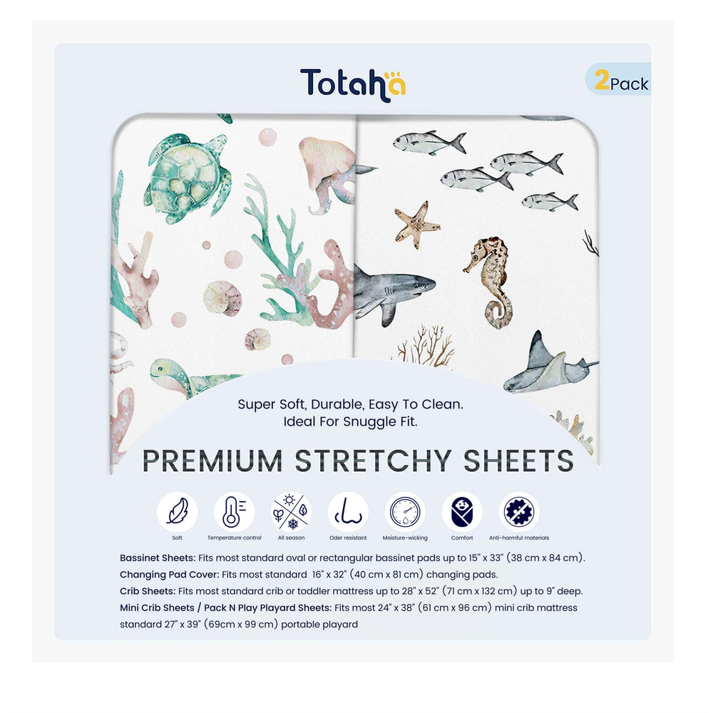 TotAha Sea Animal mini crib sheet top view with breathable TotCare fabric for peaceful sleep