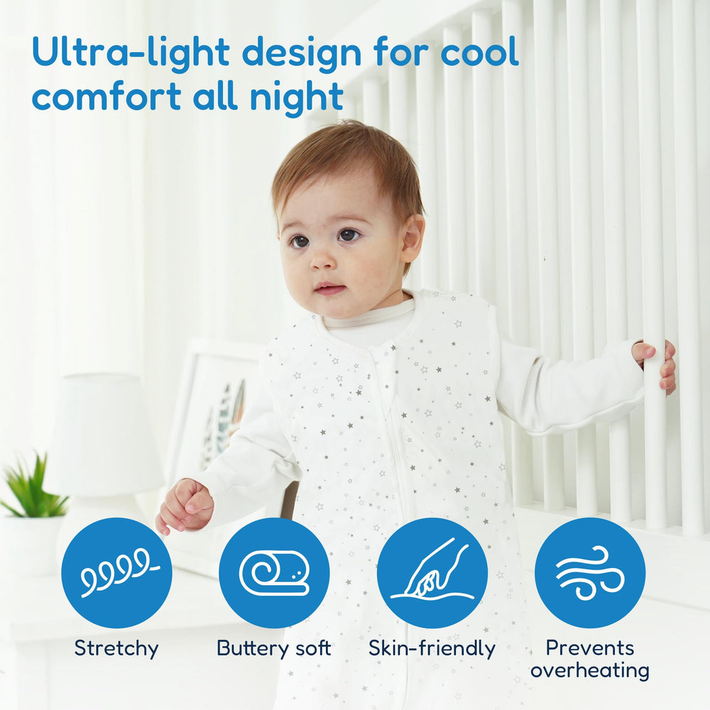 TotAha Sleep Sack 2-way zip closed, enabling easy nighttime diaper changes.