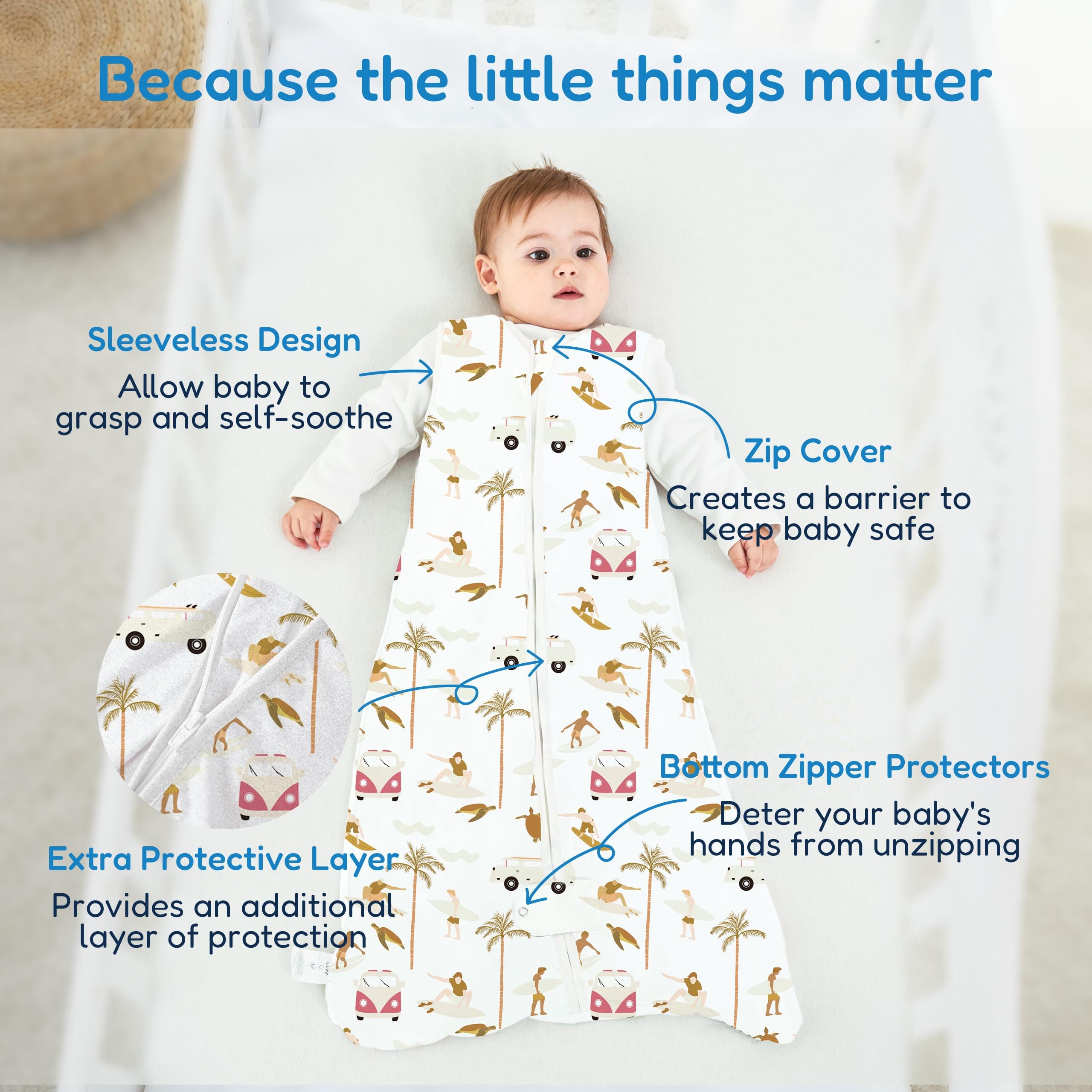 TotAha Sleep Sack 3Pack baby sleeping peacefully in breathable, lightweight wear.