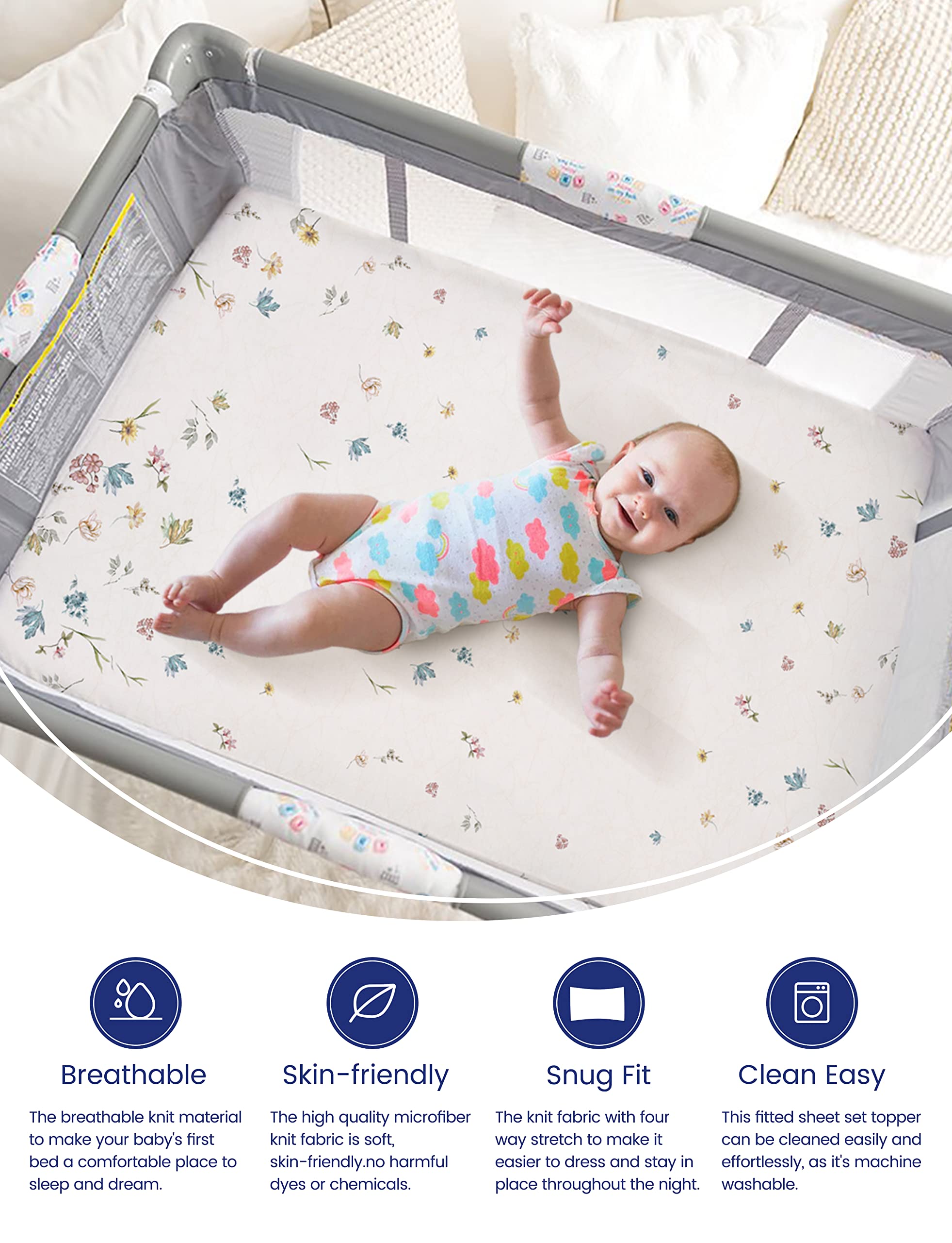 TotAha small floral 2-pack mini crib sheets create a gentle sleep space.