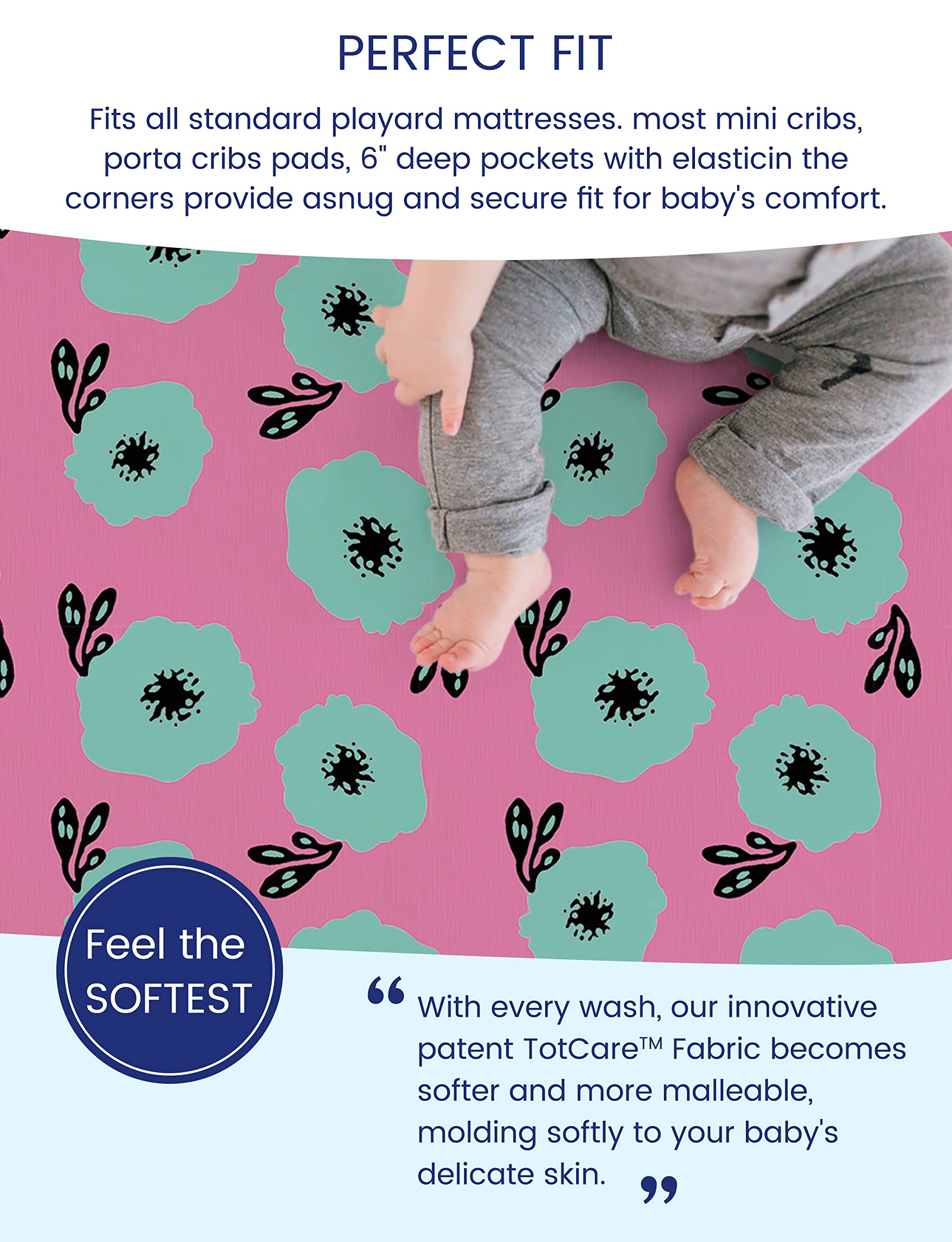TotAha soft-touch mini-crib sheet fits snugly on a compact mattress.