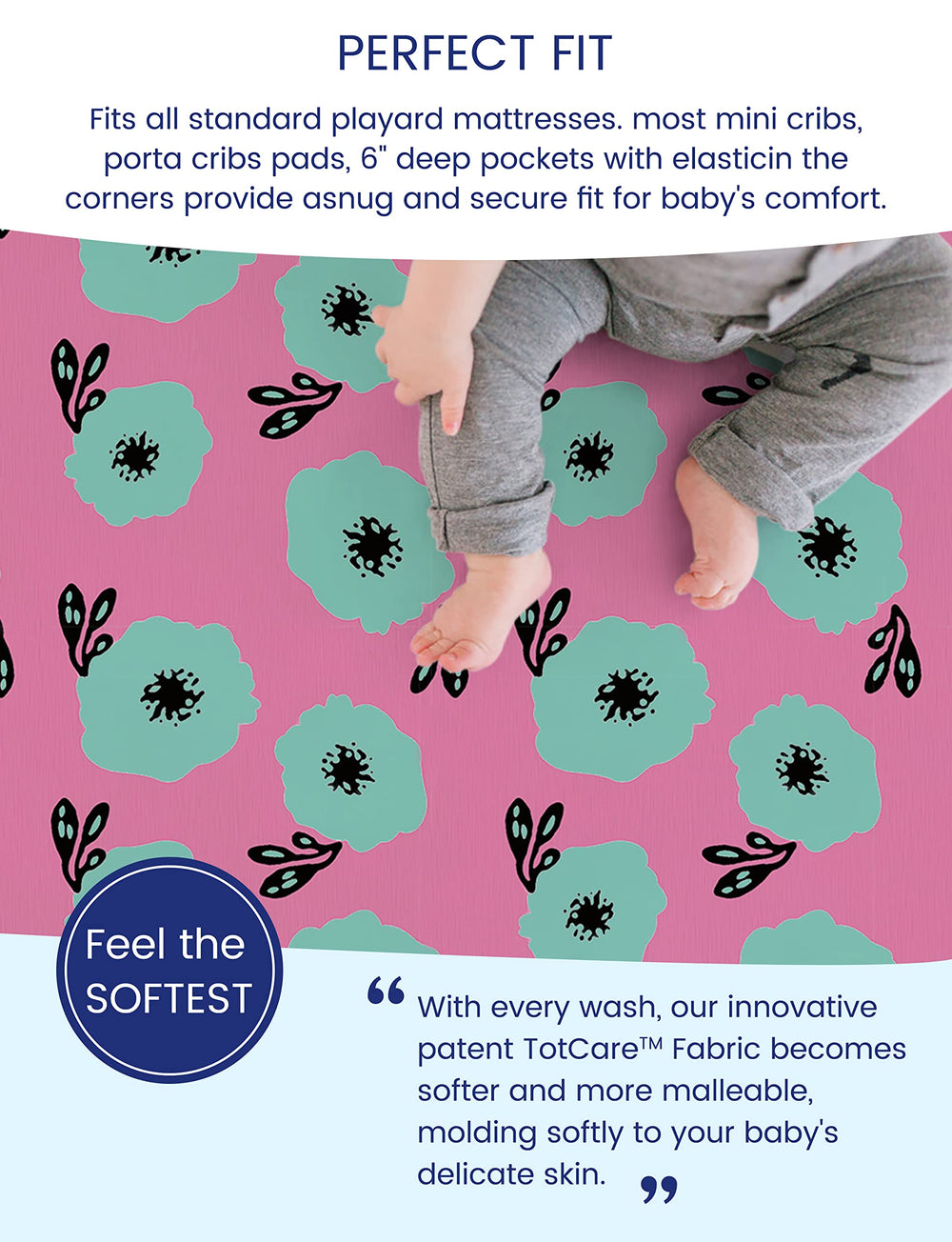TotAha soft-touch mini-crib sheet fits snugly on a compact mattress.